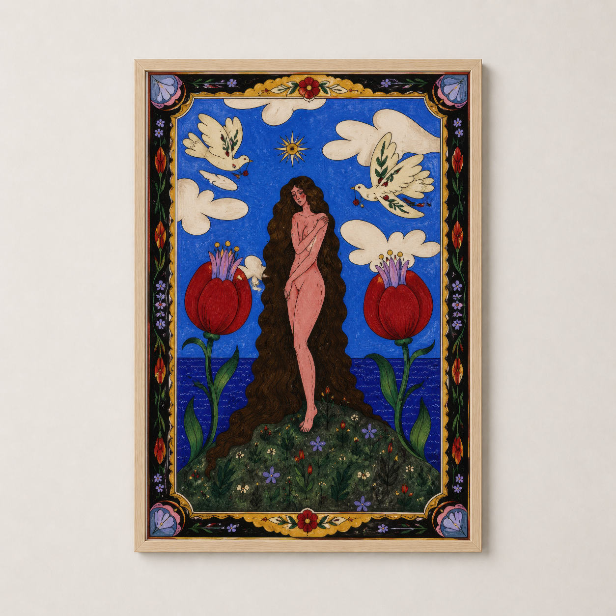 Doğal ahşap çerçeveli poster, dekoratif bordür detaylı kadın figürü, çiçek ve kuğu motifiyle klasik sanat eserı.
