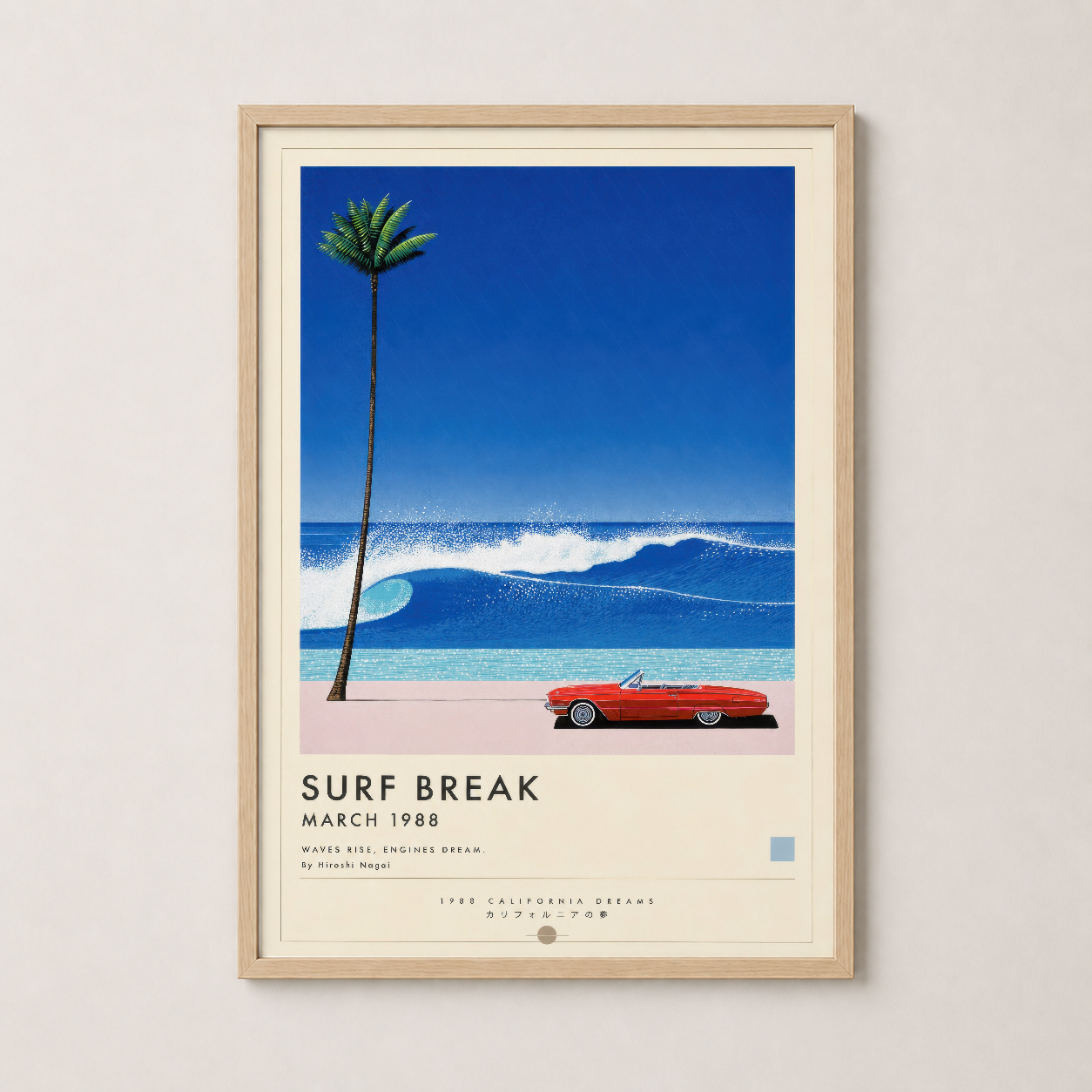 Sörf Break posteri doğal ahşap çerçevede, 1988 Kaliforniya rüyasını tasvir eden görsel.