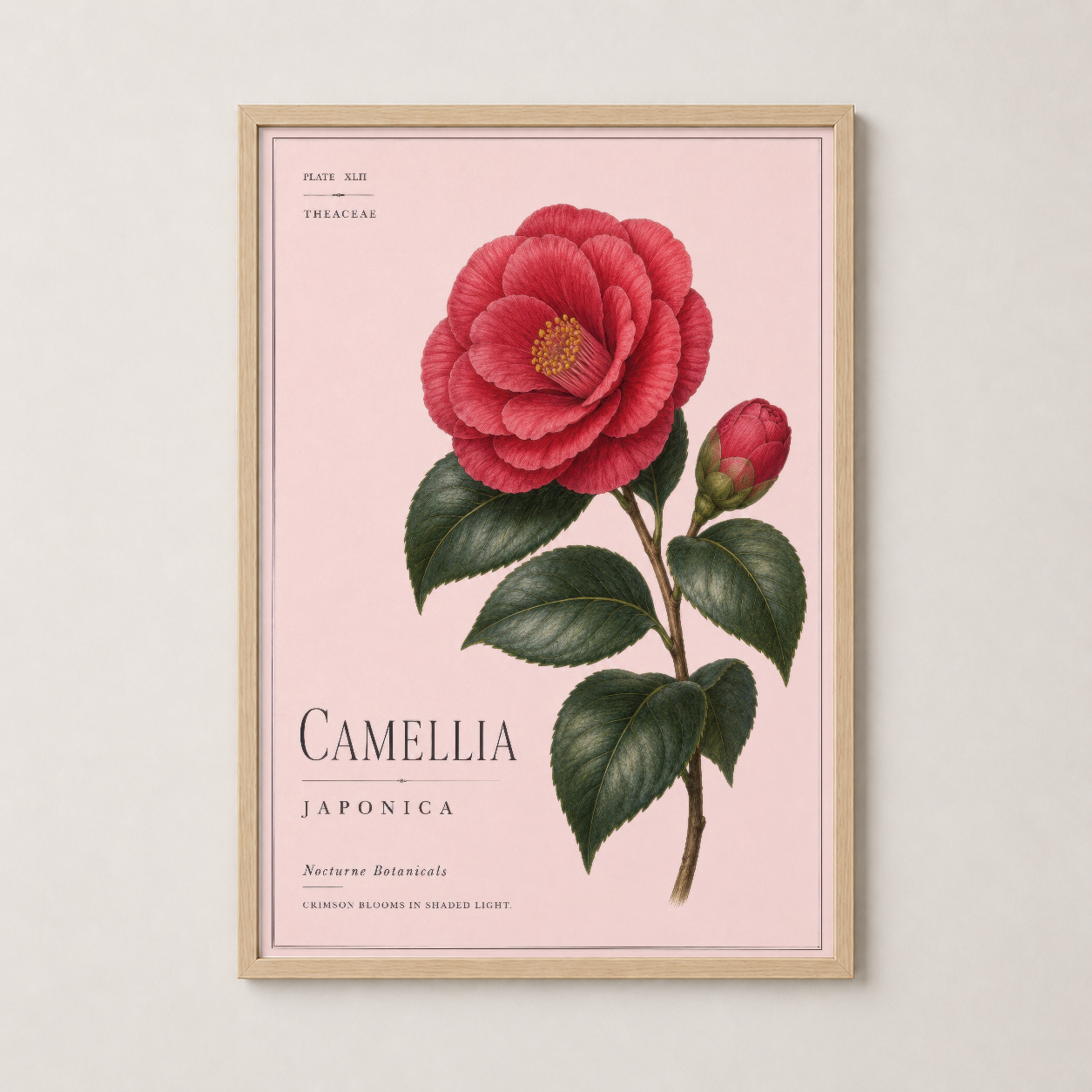 Ahşap çerçeveli poster, pastel pembe arkaplan ve realist Camellia çiçeği tasarımı ile sıcak ortam.