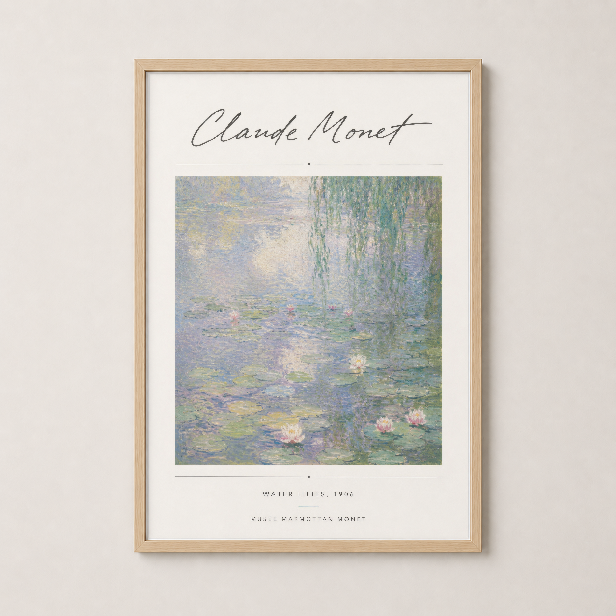 Monet Nilüfer Havuzu tablosu, doğal ahşap çerçevede sıcak ve şairin duvar sanatı.
