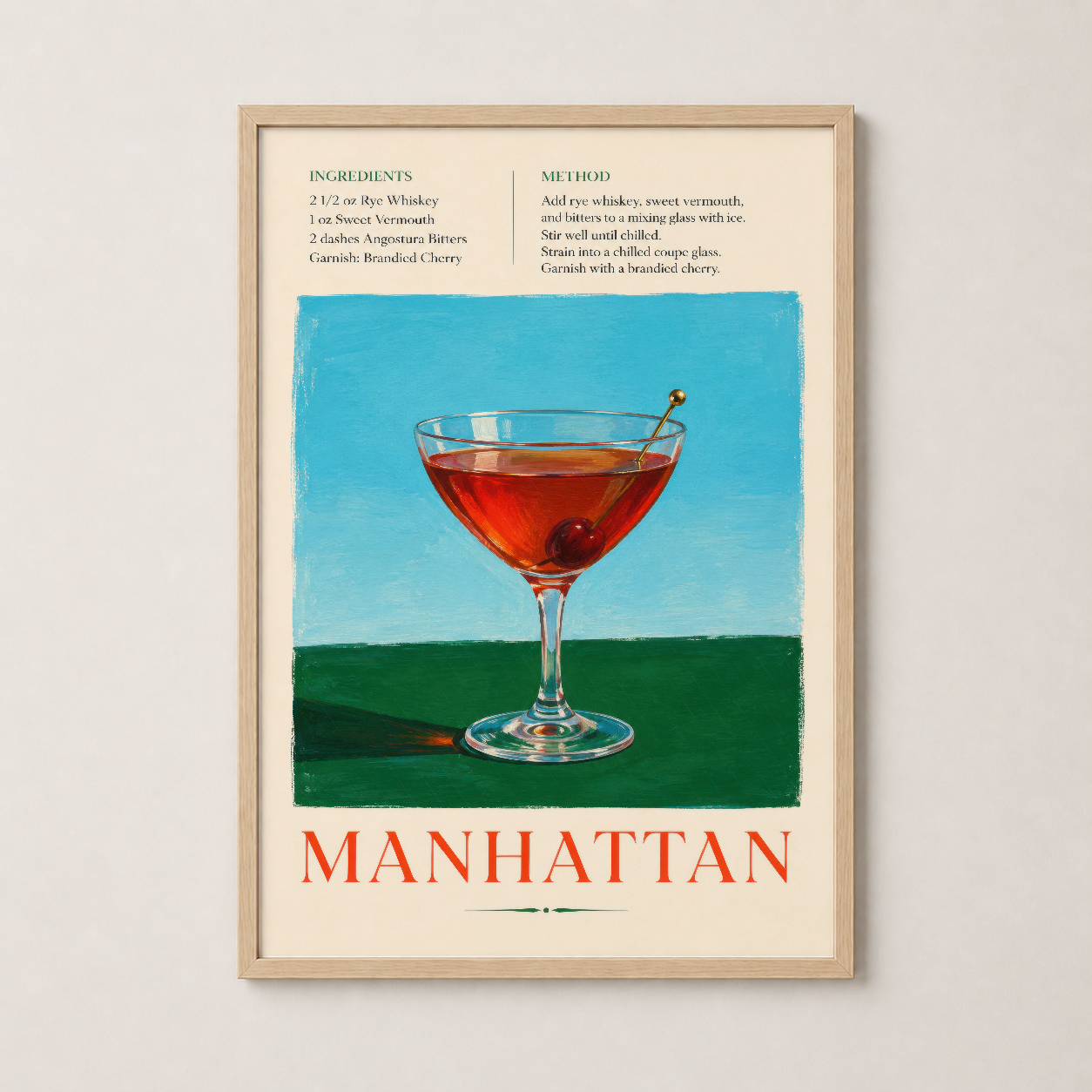 Manhattan kokteli tasarımlı duvar tablosu ahşap çerçevede, vintage bar tarzı dekoratif poster.