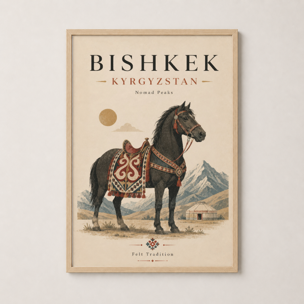 Ahşap çerçevede Bishkek Kyrgyzstan sanat eseri, felt geleneksel tasarımı vurgulayan.