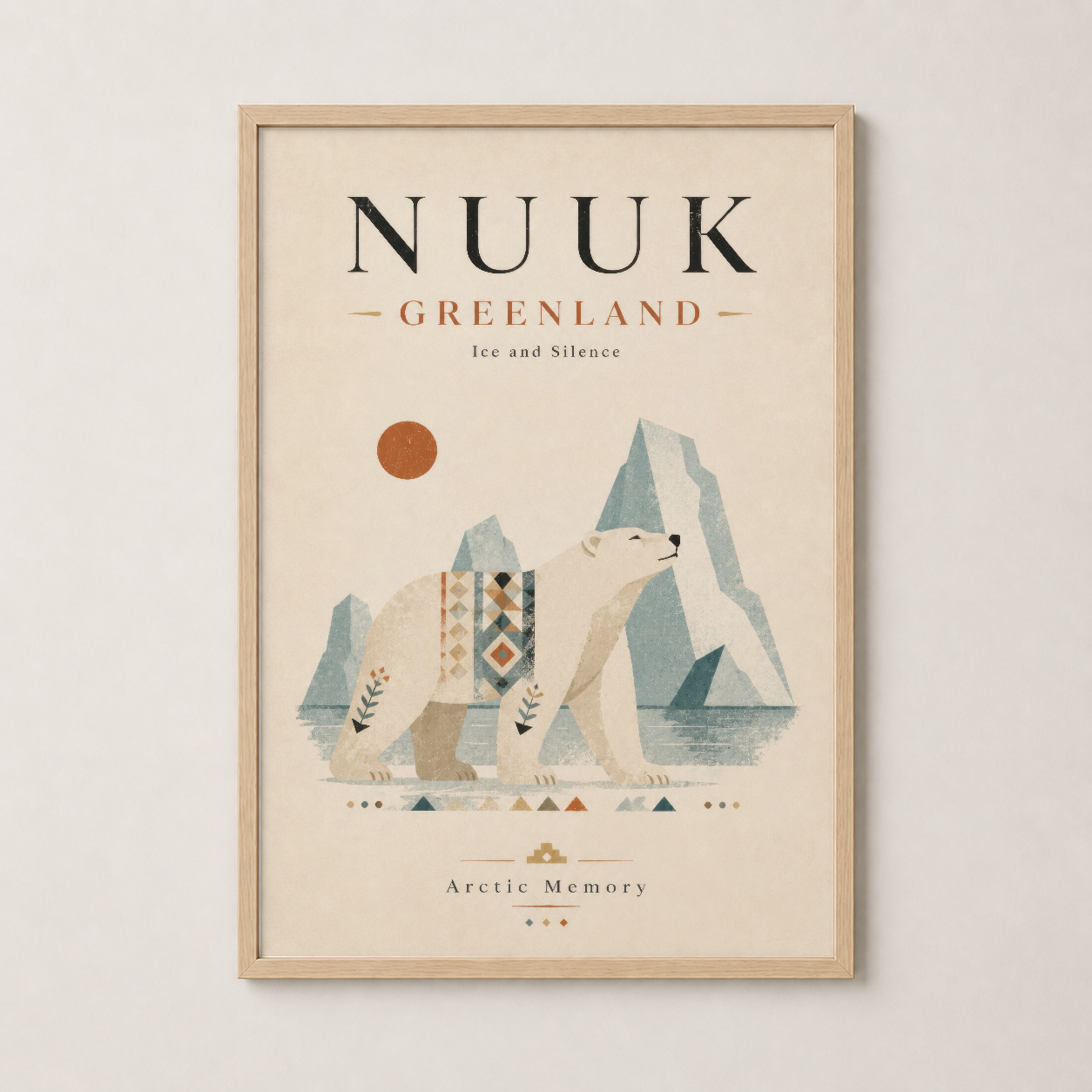 Ahşap çerçeveli Nuuk Grönland tablosu, minimalist kutup peyzajı ve ayı figürü tasarımıyla sofistike dekorasyon.
