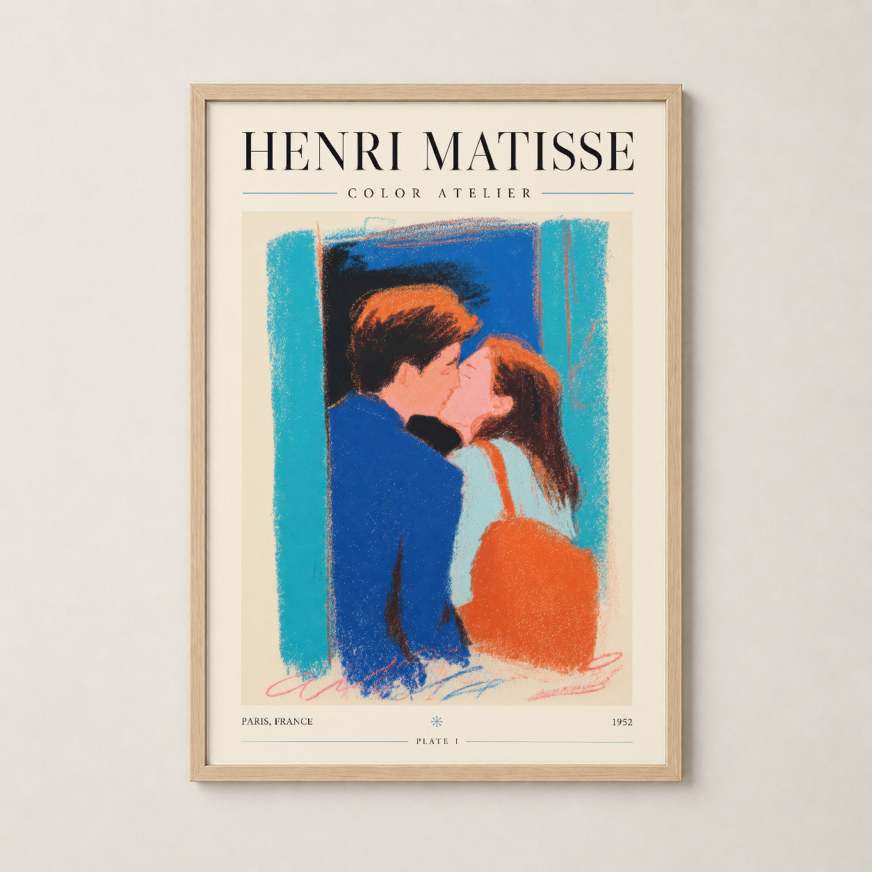 Doğal ahşap çerçevede Matisse klasiği, sıcak ve sakin bir atmosfer yaratan dekoratif sanat çalışması.