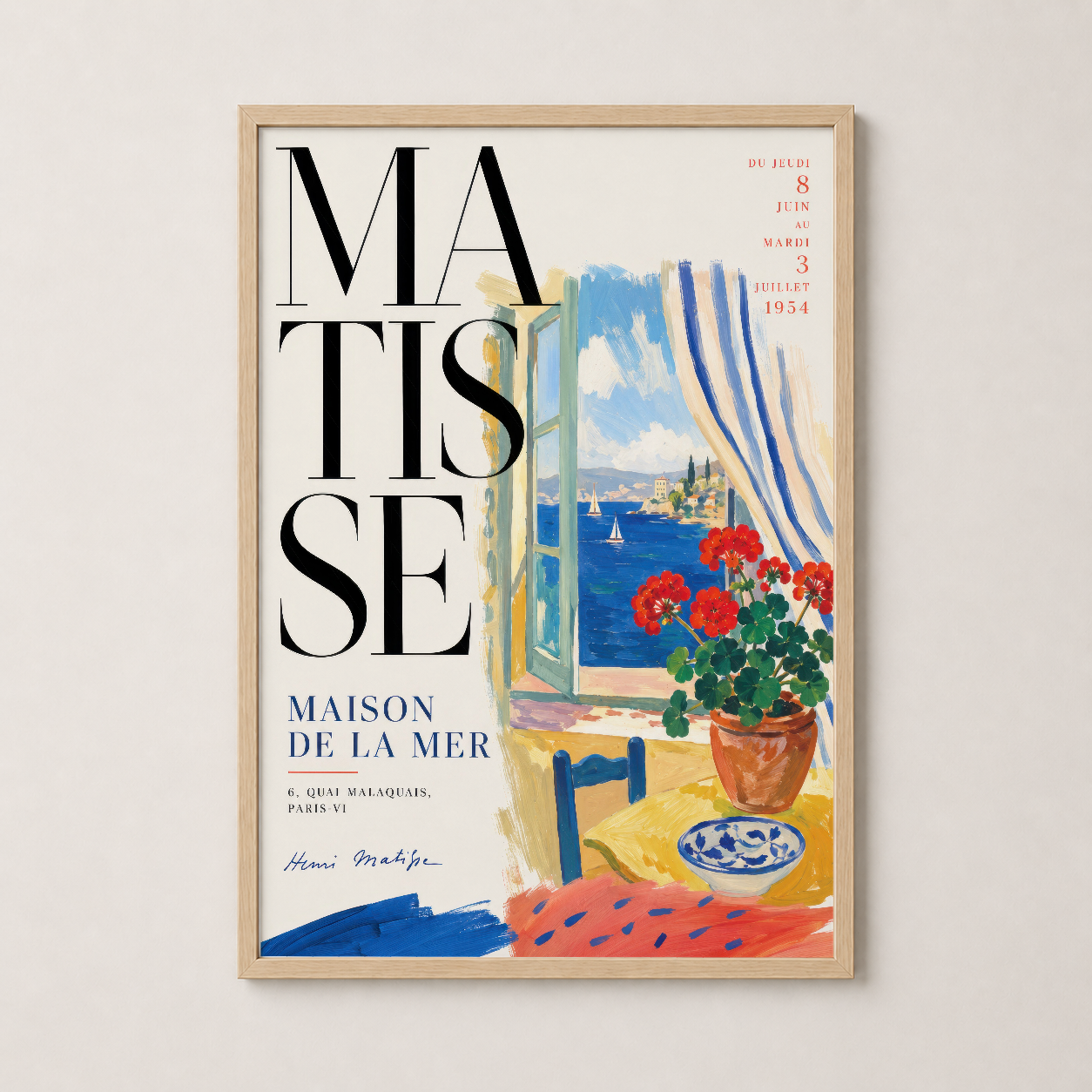 Ahşap çerçeveli Matisse posteri, sıcak ve doğal tonlarıyla modern ev dekorasyonunda nostaljik bir Riviera atmosferi yaratır.