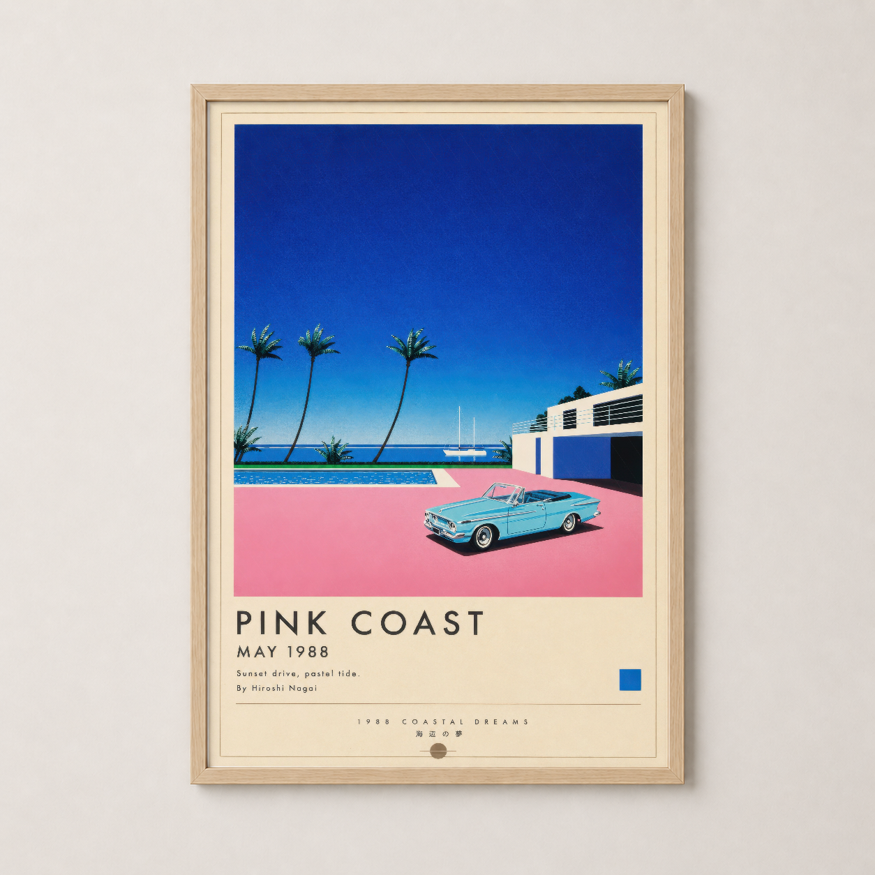 Pink Coast duvar tablosu, doğal ahşap çerçevede, nostaljik yaz manzarası ve retro araç detayı