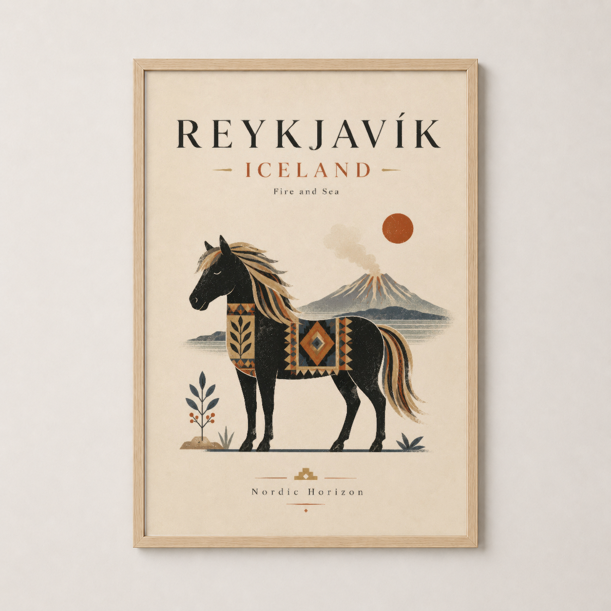 Ahşap çerçeveli Reykjavik tablosu, sıcak Nordic estetikle dolu ev dekorasyon için ideal parça.