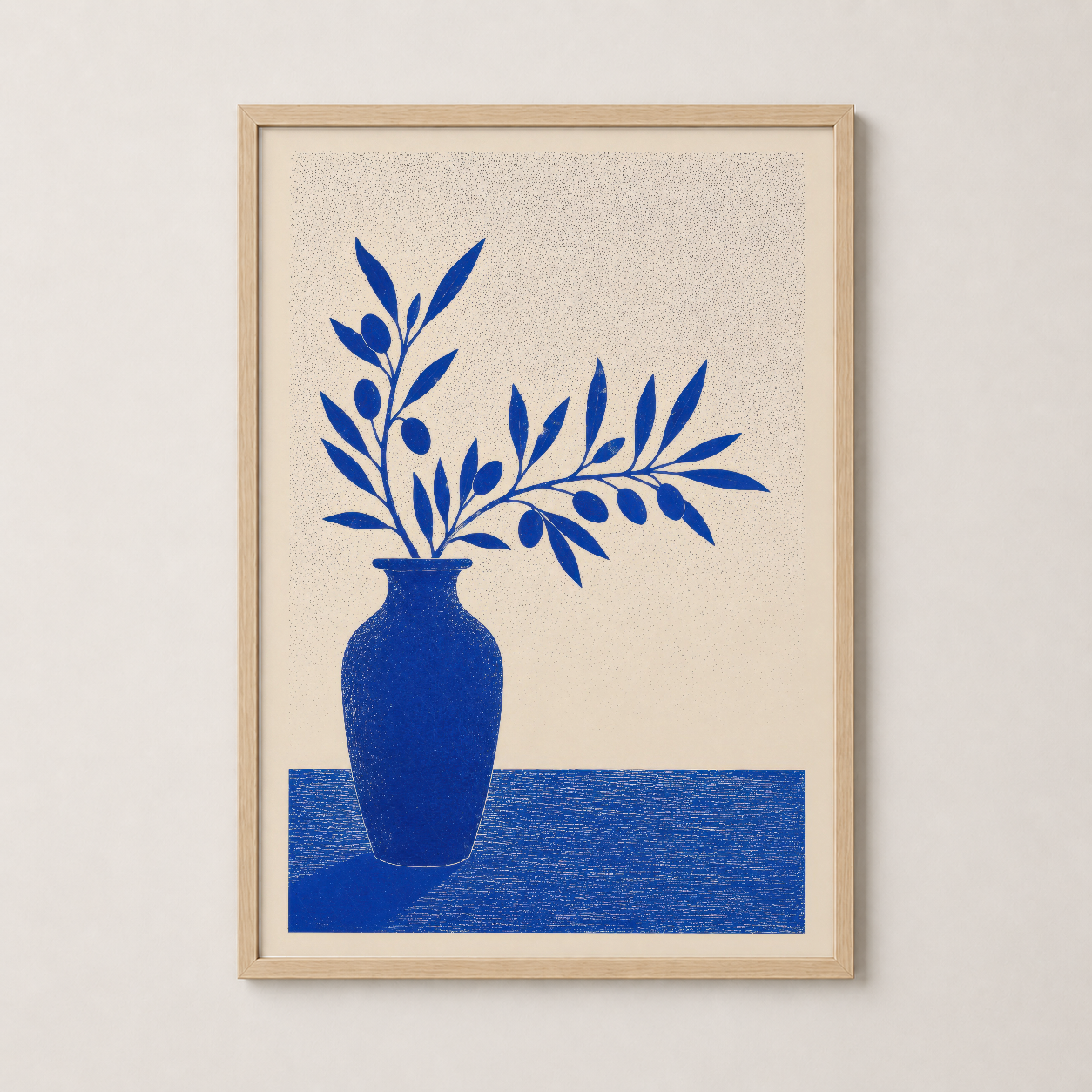 Mavi Bej Zeytin Dalı Vazoda Minimalist Duvar Tablosu