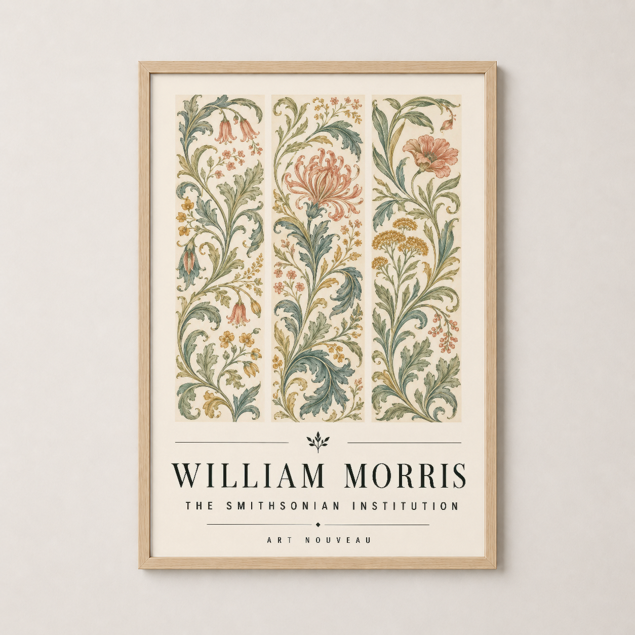 Doğal ahşap çerçevede, dekoratif sanat akımının ikonik eseri olan William Morris çiçek tablosu.