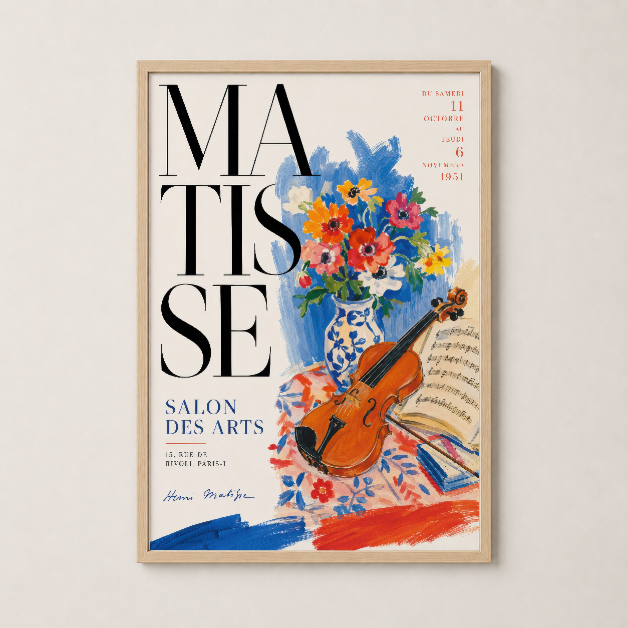 Ahşap çerçevede vintage Matisse afişi, sanat salonu temalı duvar dekorasyonu.