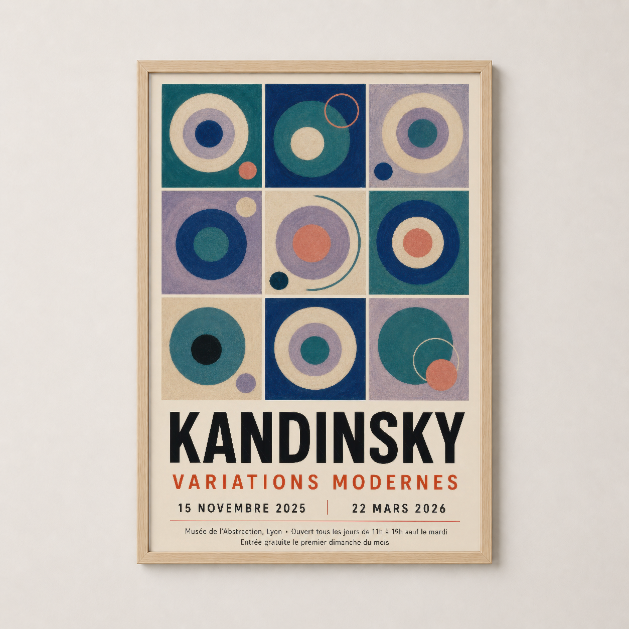 Ahşap çerçeveli Kandinsky tablosu, sanat deco stilindeki çok renkli dairelerle sıcak ve uyumlu bir atmosfer yaratıyor.