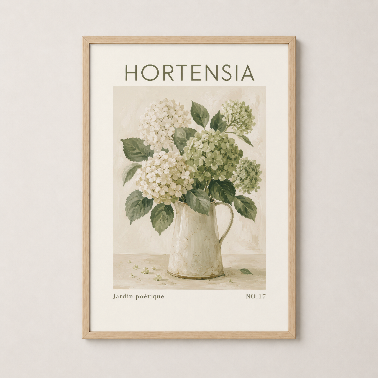 Hortensia posteri ahşap çerçevede, doğal tarzda botanik wall art.