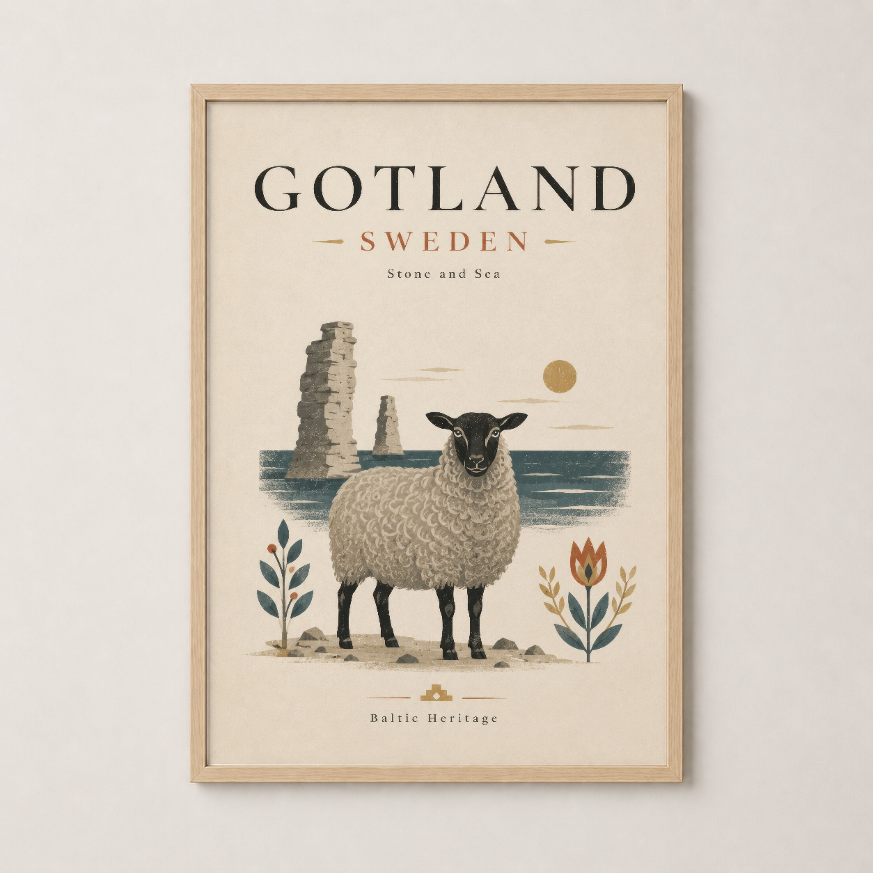 Gotland İsveç tablosu ahşap çerçevede, doğal ışığın vurduğu sakin kıyı temalı artwork.