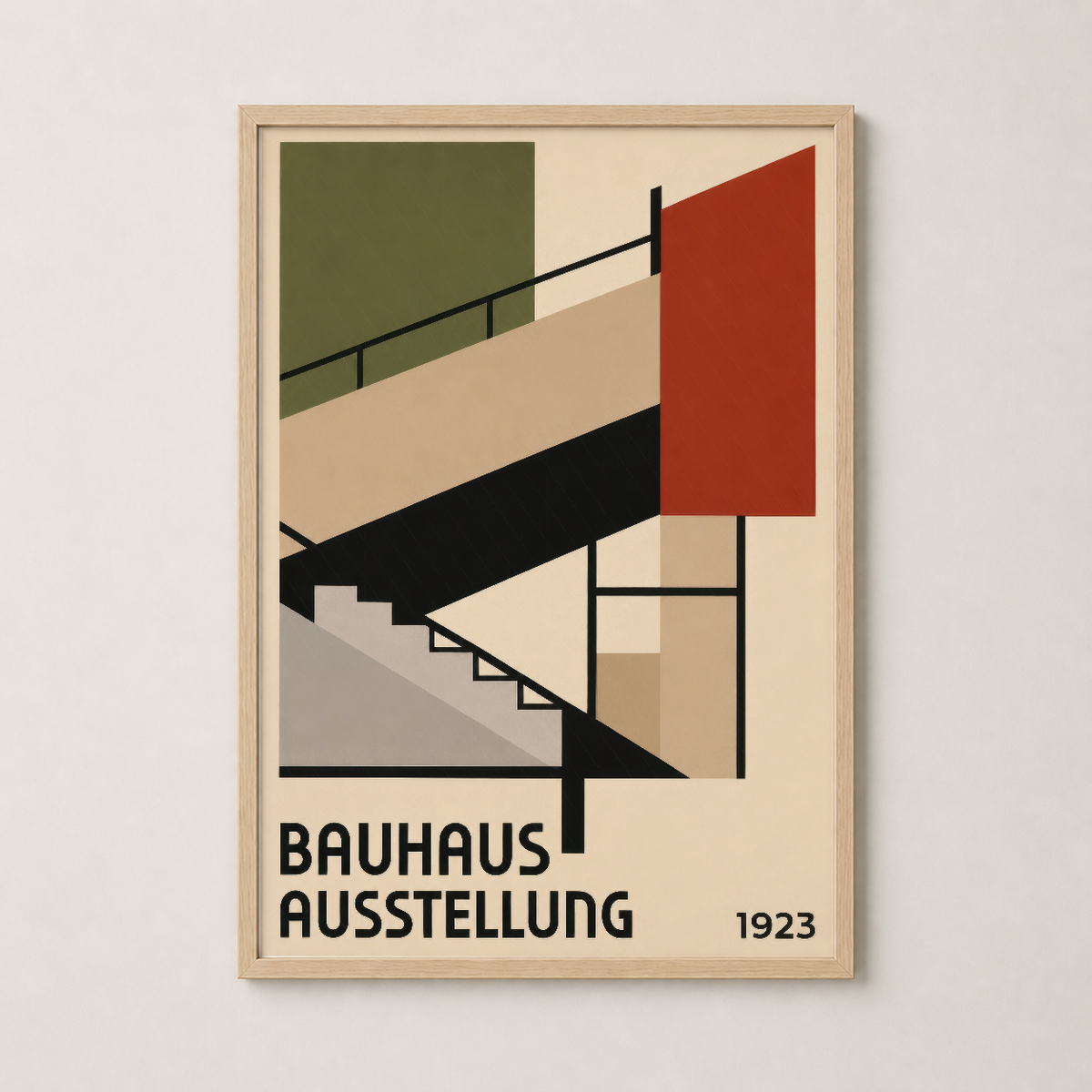 Bauhaus Ausstellung posterinin ahşap çerçeveli versiyonu, sıcak tonlu ve doğal dekor stilleriyle uyumlu.