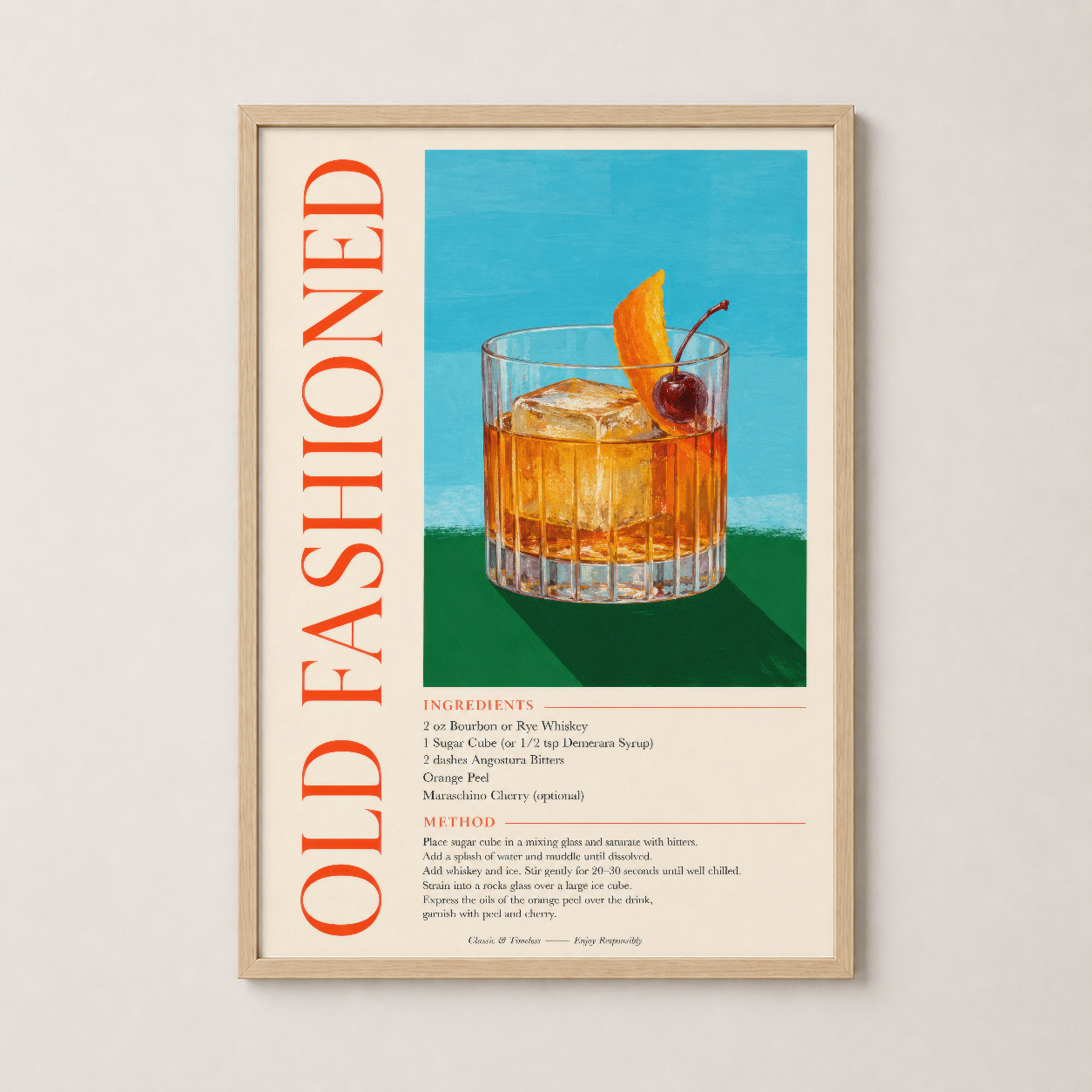 Old Fashioned kokteli posterinin ahşap çerçeveli sıcak dekoratif duvar tablosu