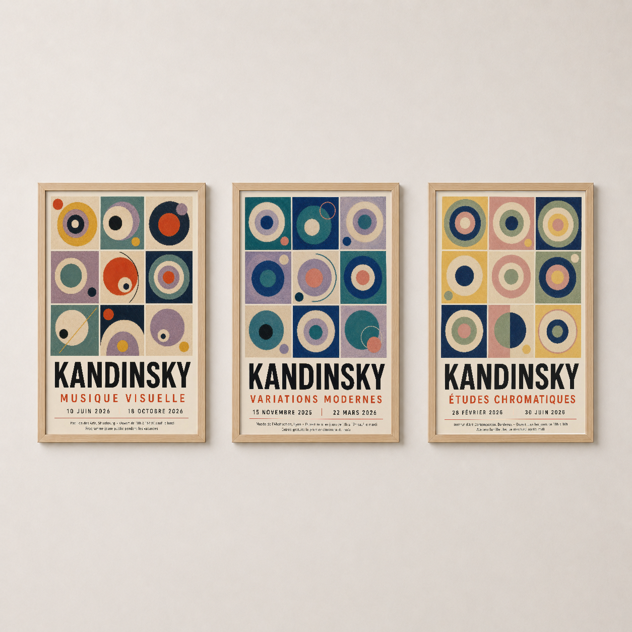 Lacivert Turkuaz Adaçayı Yeşili Kandinsky Daire Soyut 3'lü Set Duvar Tablosu
