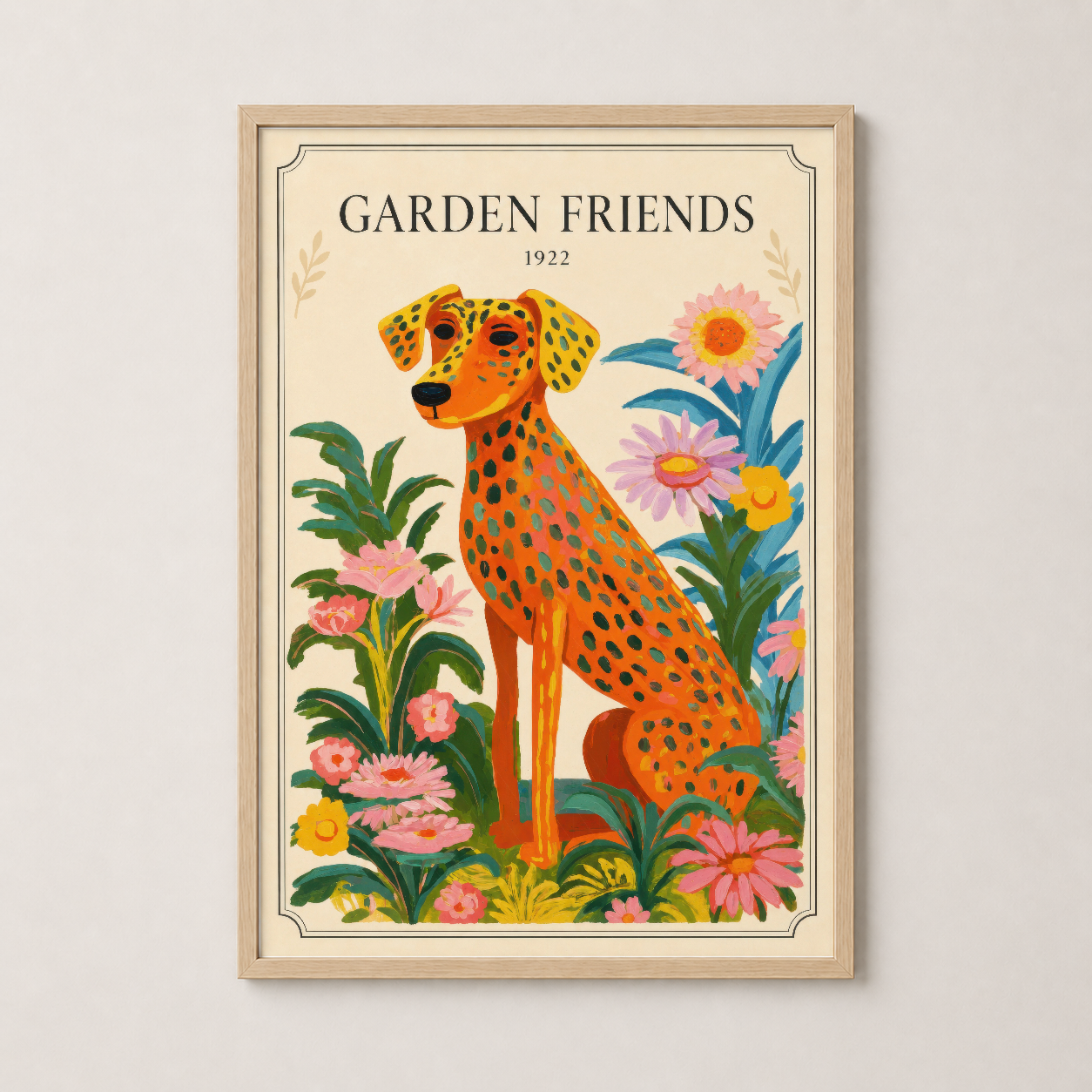 Ahşap çerçeveli Garden Friends posteri, pastel renklerde köpek ve çiçek temalı dekoratif duvar sanatı.