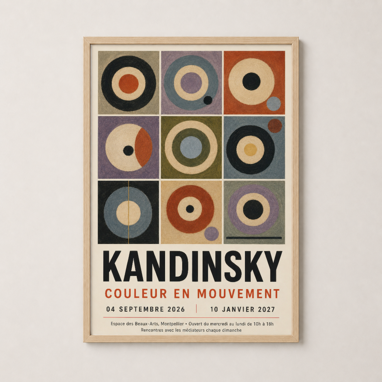 Ahşap çerçeveli, Kandinsky'nin renkli daire kolajından ilham alan vintage stil duvar tablosu.