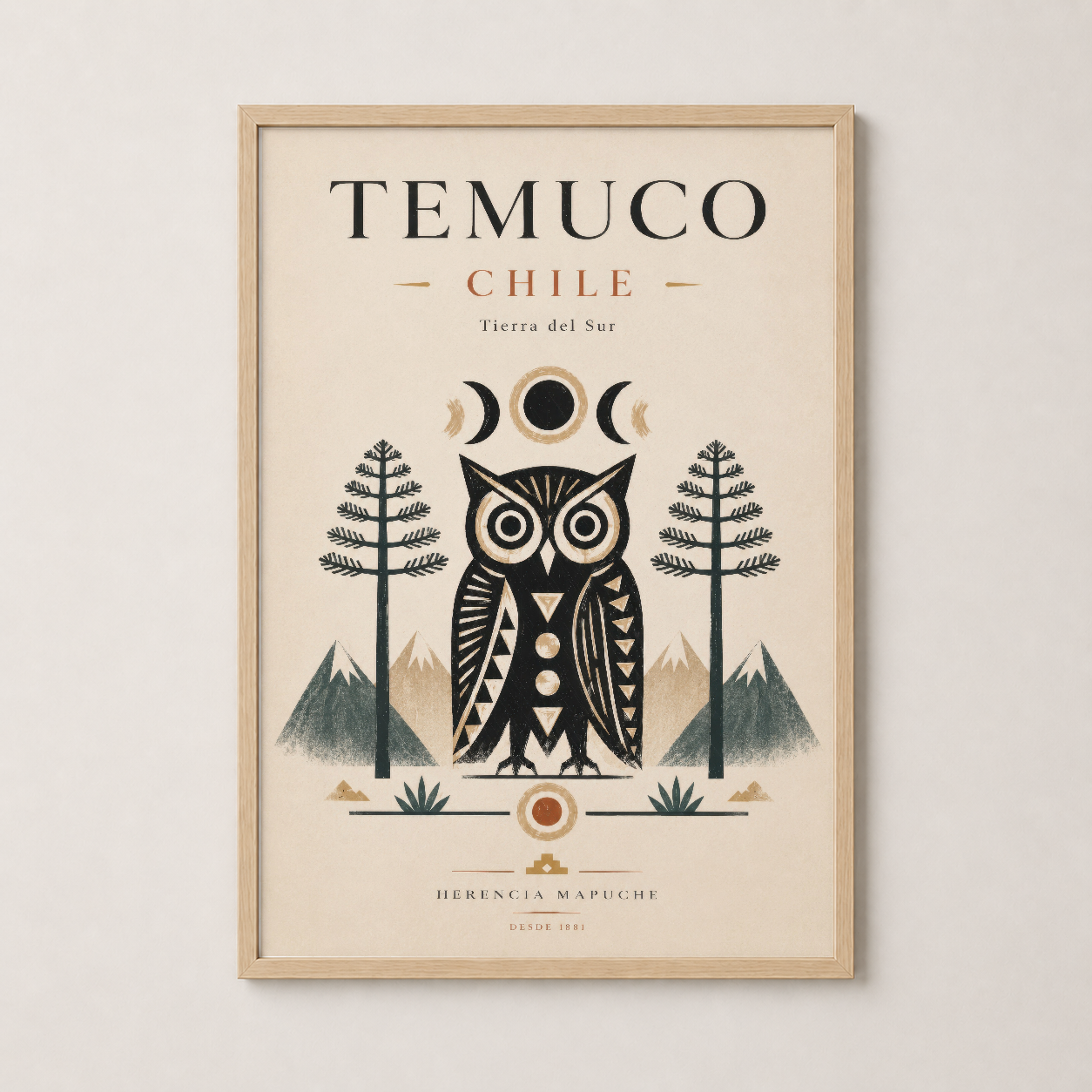 Temuco Chile tablosu ahşap çerçevede, doğa ve kültür temalı Tierra del Sur illüstrasyonu.