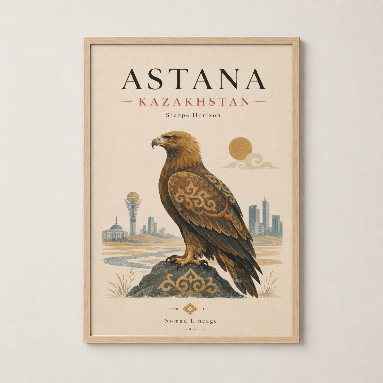 Ahşap çerçeveli, Astana şehrinin görünümü ve kartal ikonografisiyle hazırlanmış sanat baskısı.
