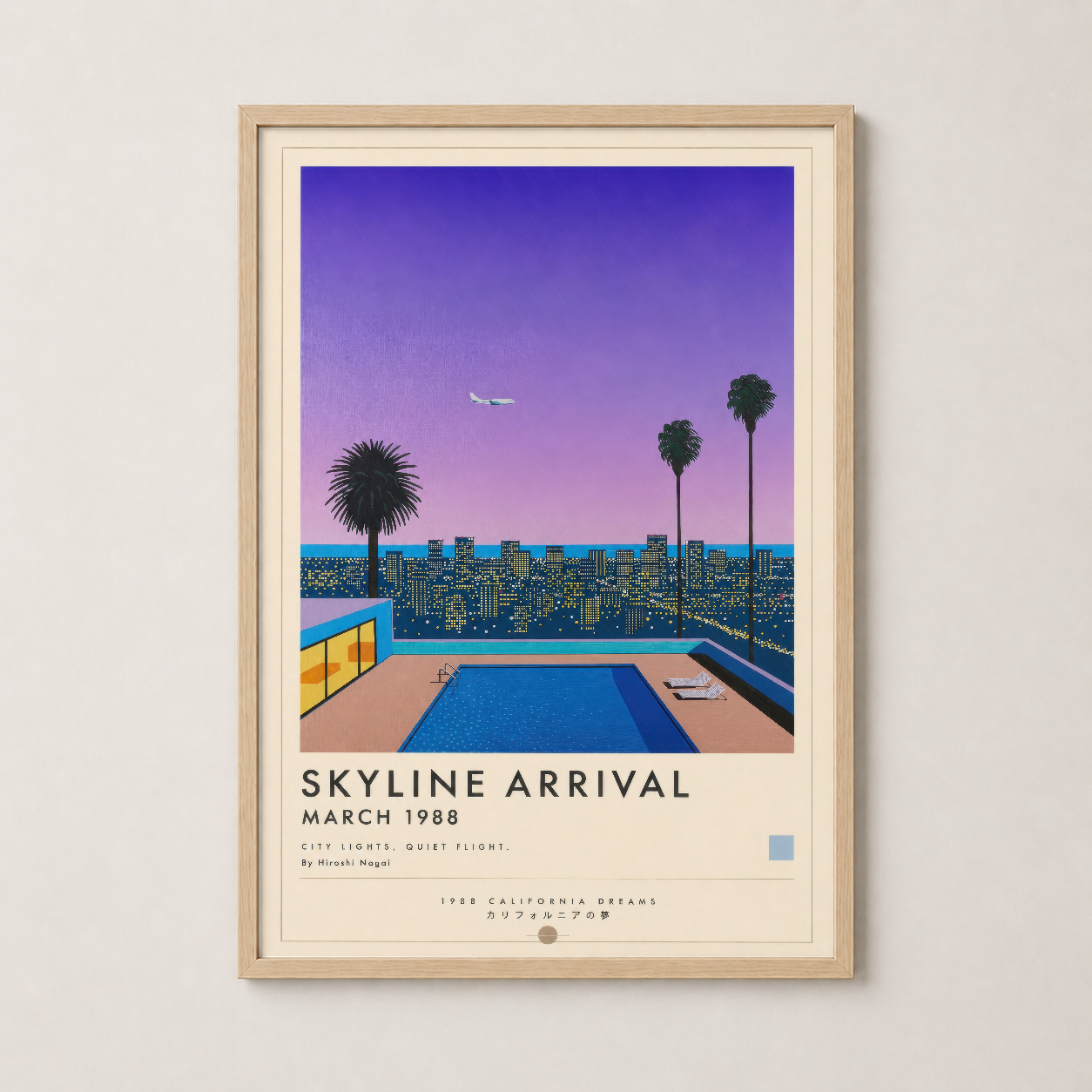 Doğal ahşap çerçevede, palm tree silüetli Los Angeles şehir ufku vintage stil poster.