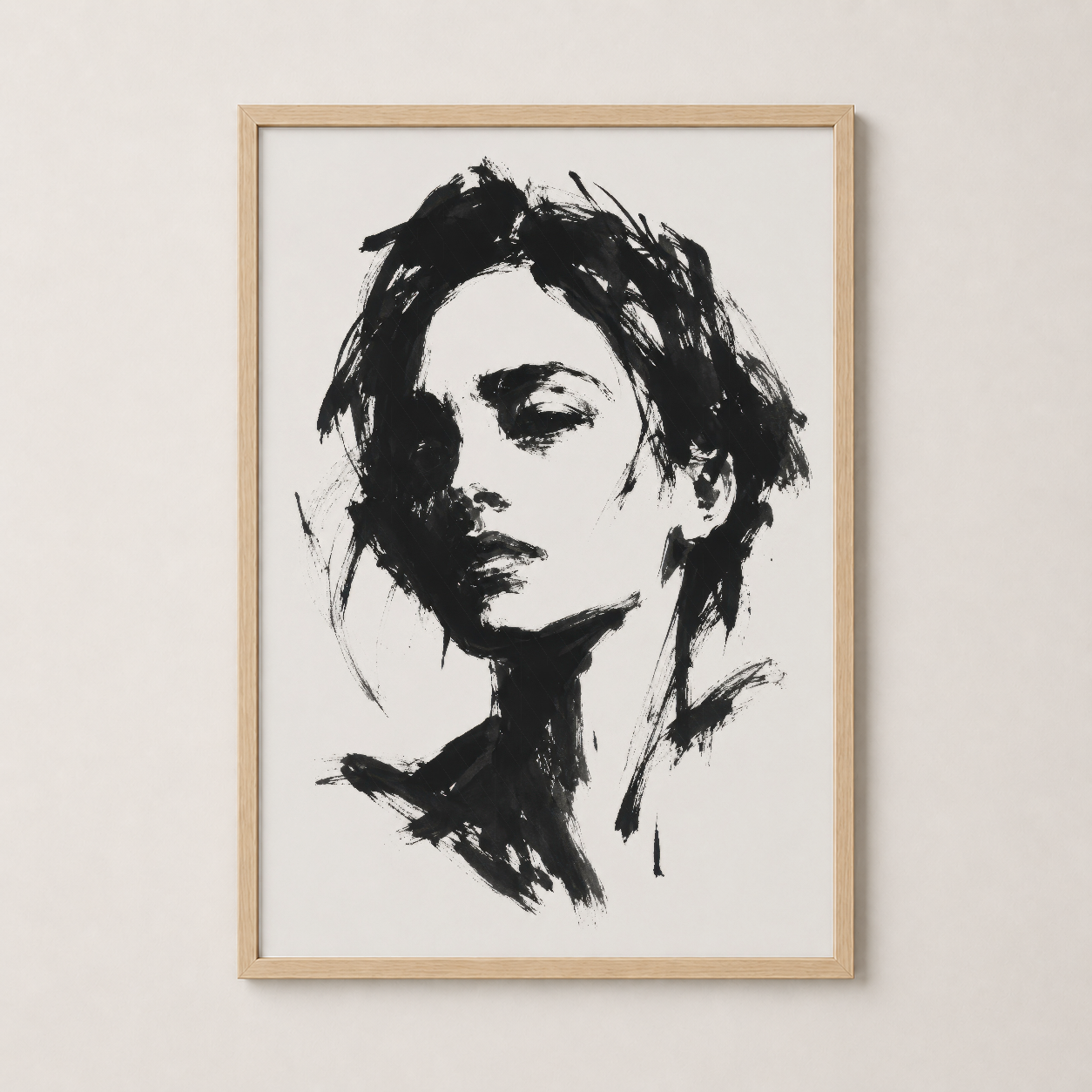 Ahşap çerçeveli sanat tablosu, ekspresif siyah beyaz portre, doğal ve şık iç mekan dekorasyonu.