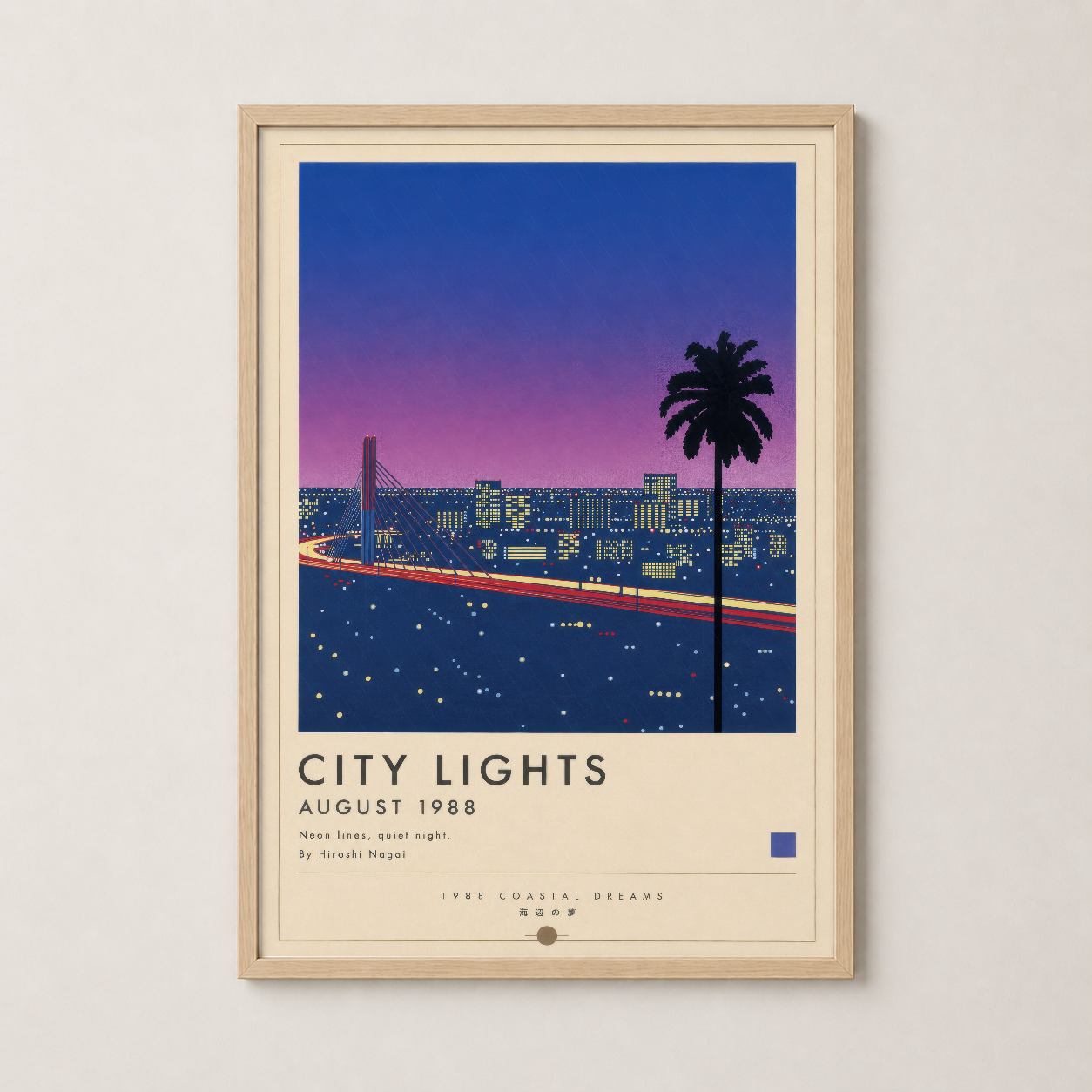 Doğal ahşap çerçevede retro stil poster, neon ışıklar ve şehir silueti tasarımıyla vintage atmosfer.