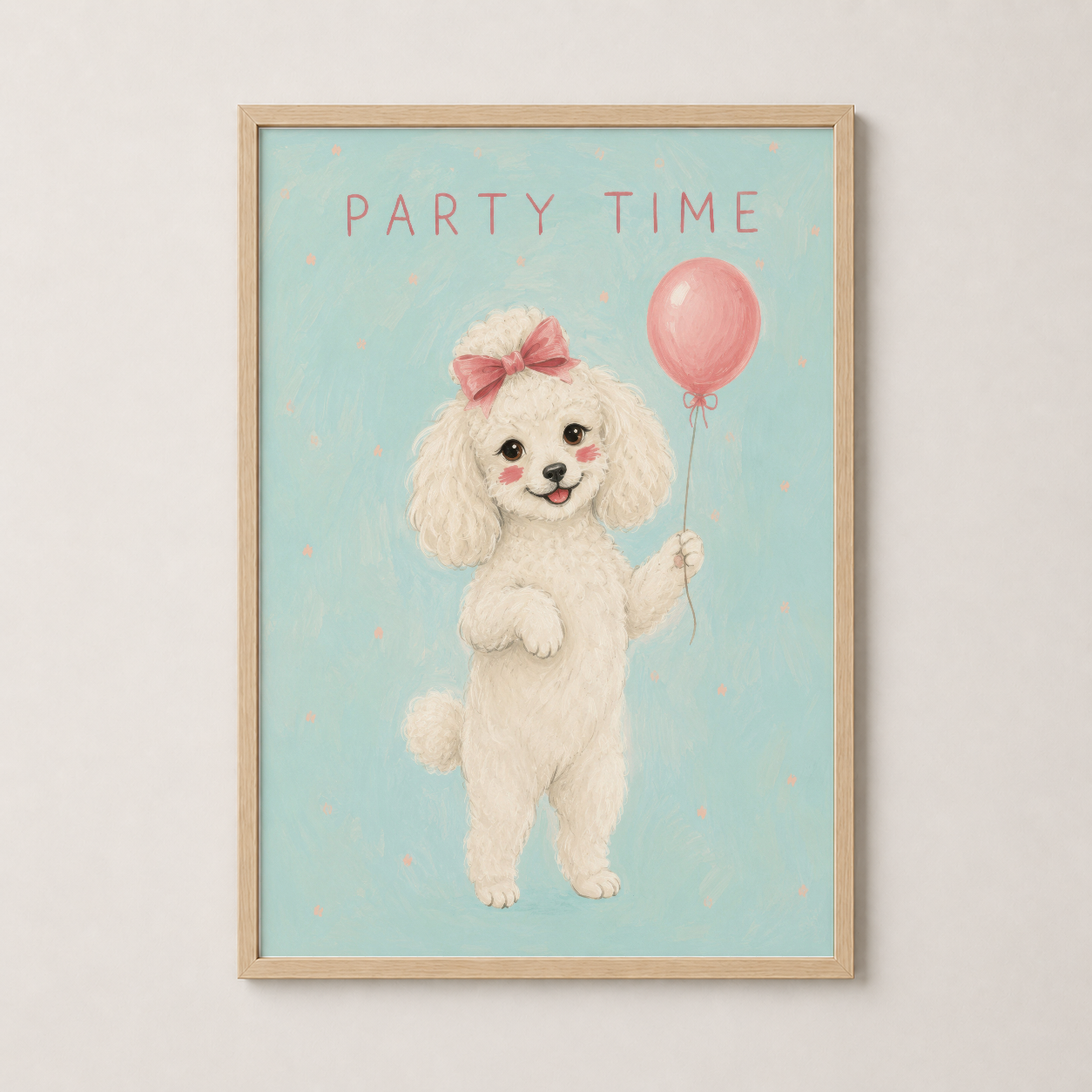 Ahşap çerçevede pastel sanat, cute köpek ilustrasyonlu party temalı duvar tablosu.