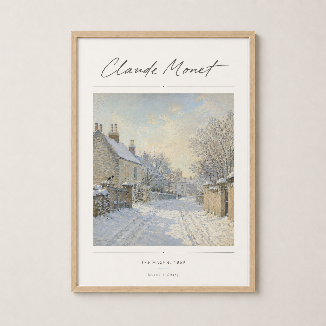 Monet'nin The Magpie tablosu, ahşap çerçevede çerçevelenmiş, sıcak dekor aksessuarı.