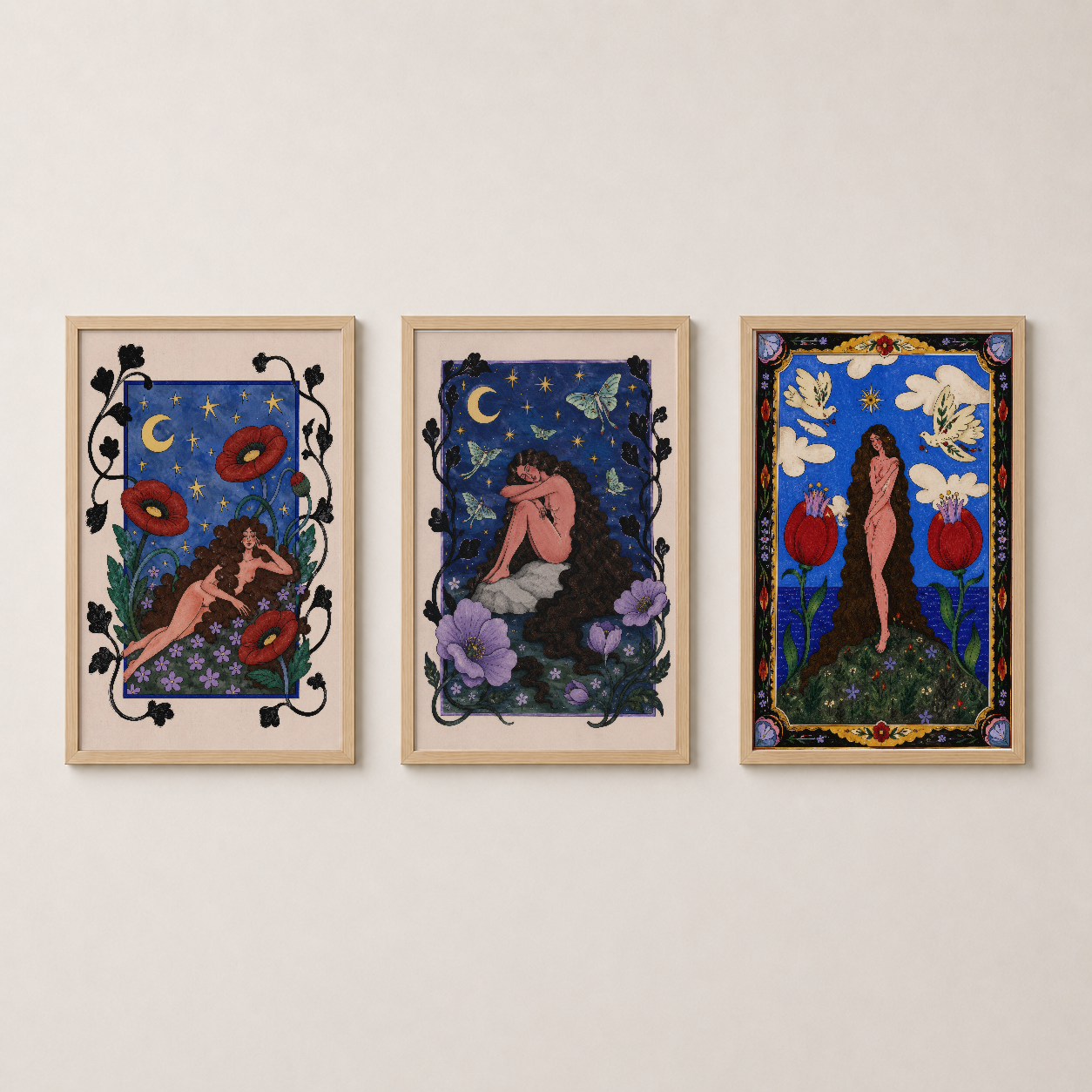 Mavi Kırmızı Gece Kadın Mitolojik Art Nouveau 3'lü Set Duvar Tablosu