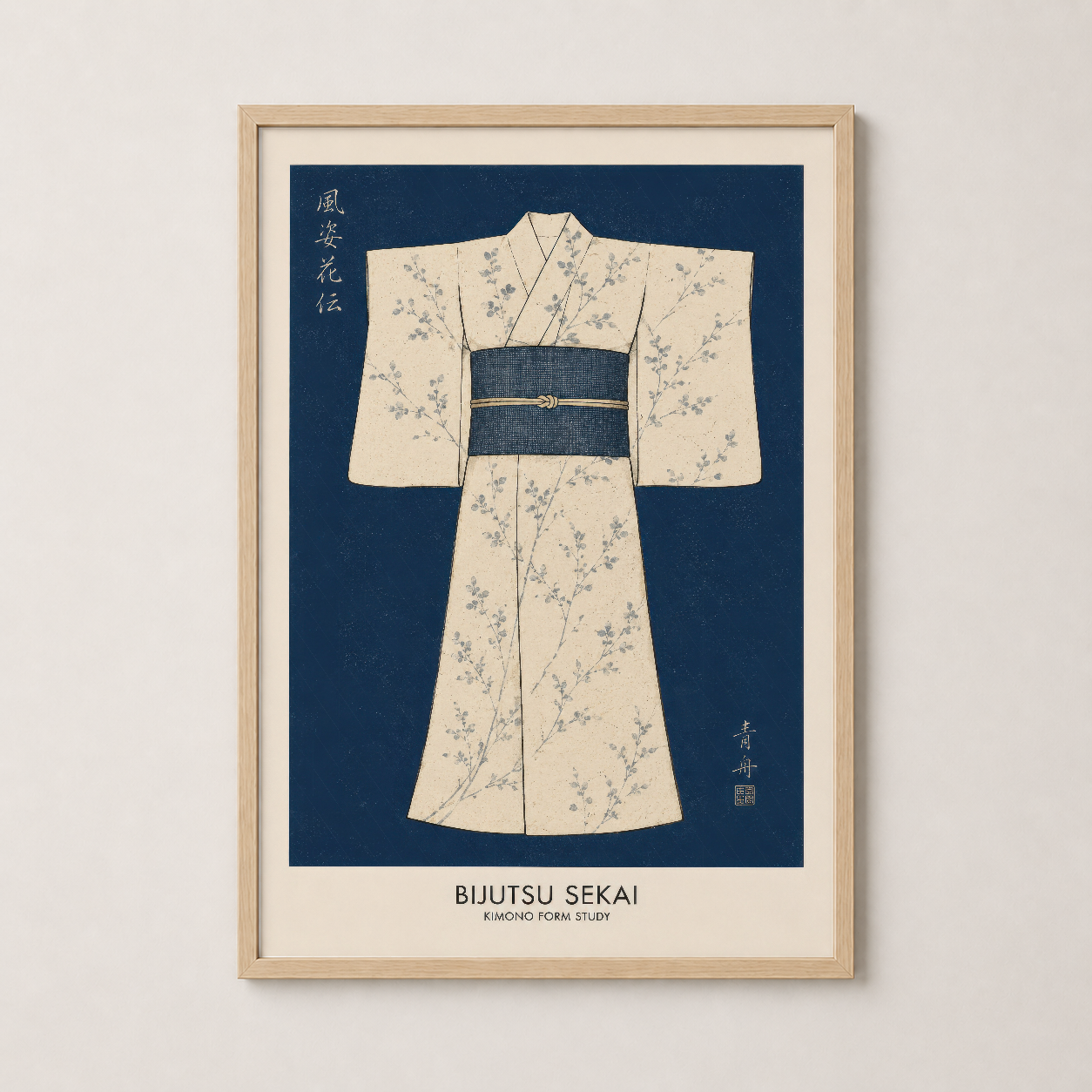 Kimono tasarım poster, doğal ahşap çerçeveliği ile zarif dekorasyon, lacivert mavi arka planlı.
