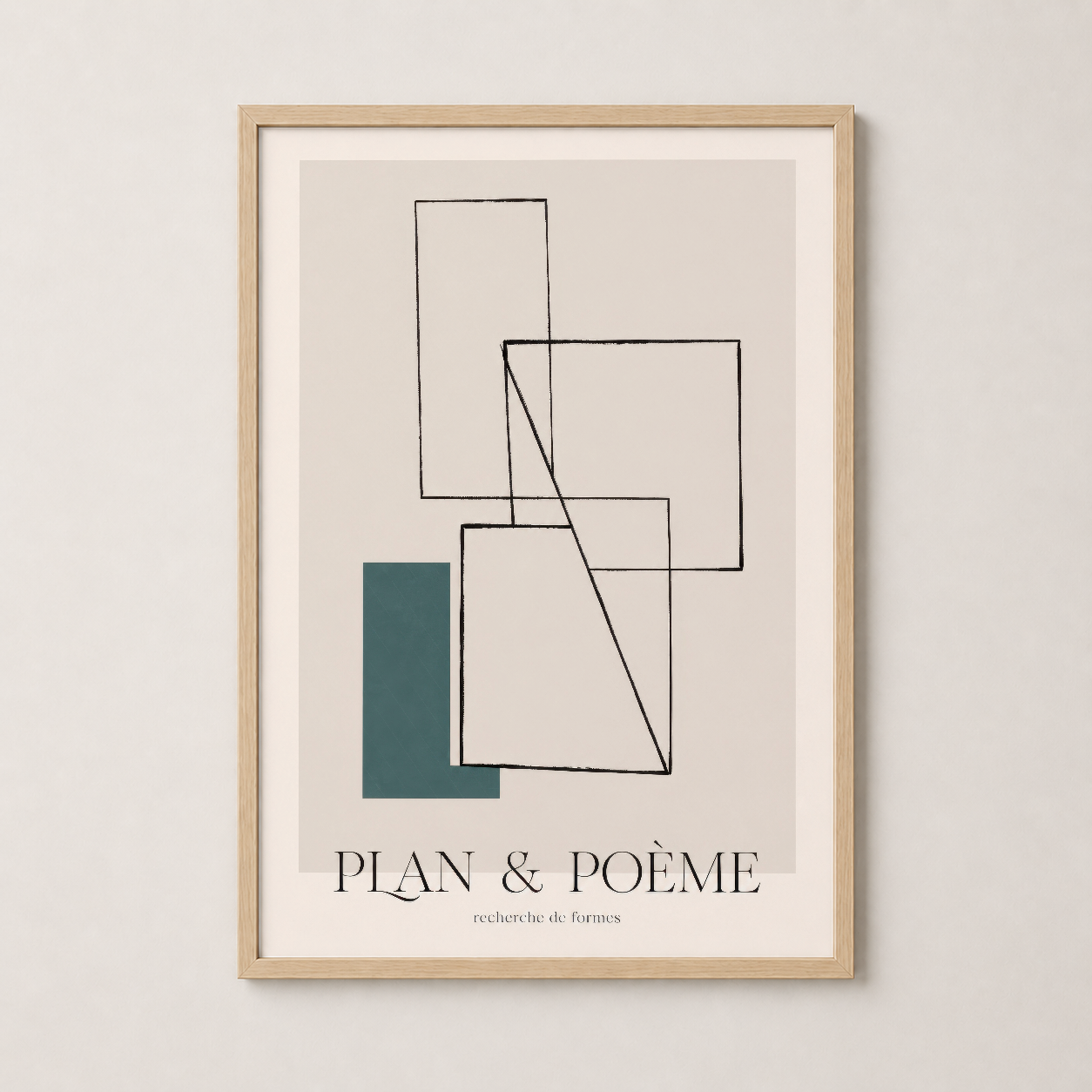 Plan & Poème tablosu doğal ahşap çerçevenin içinde, minimalist ve sanatsal atmosfer yaratıyor.