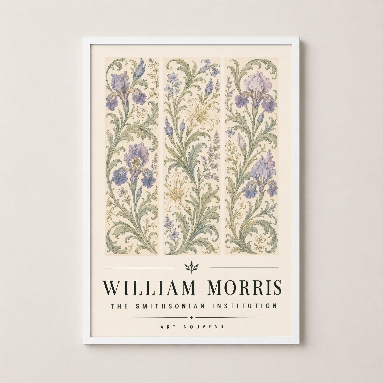 Beyaz çerçeveli William Morris posteri, vintage botanik çiçek motifiyle sofistike iç mekan aksessuarı.