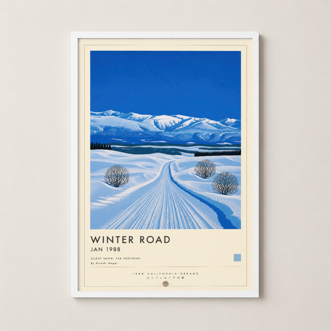 Winter Road baskısı beyaz çerçeveli, açık ve temiz bir görünümle kış manzarasının minimalist sanat stilini sergileyerek.
