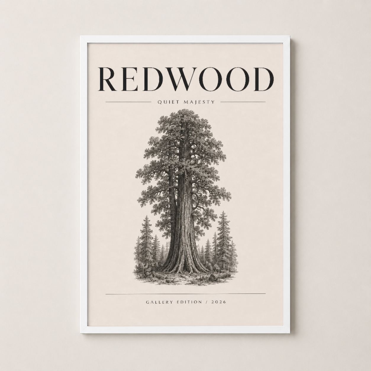 Redwood Quiet Majesty tablosu beyaz çerçevede, doğa temalı şık duvar dekorasyonu.