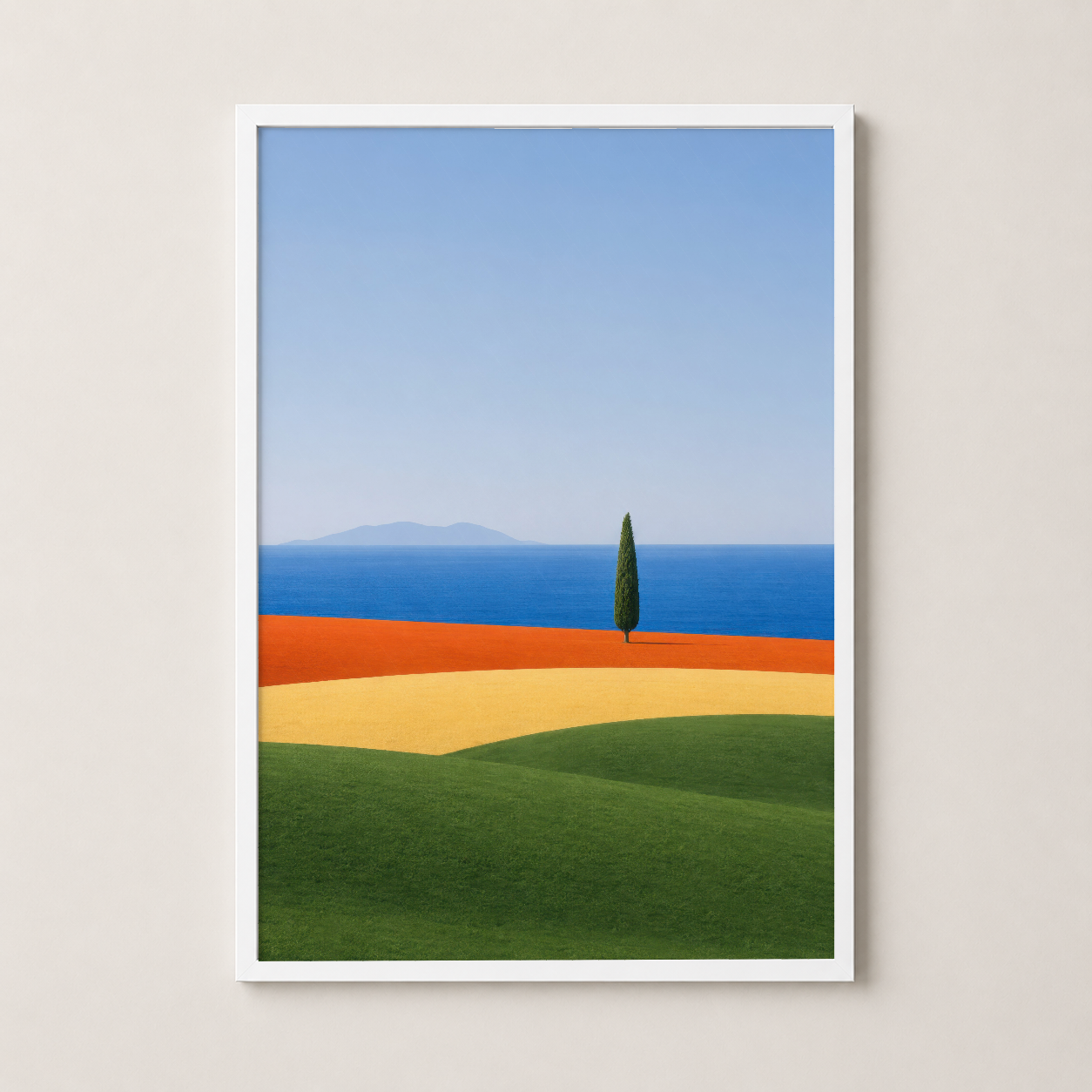 Beyaz çerçeveli minimalist poster, renkli arazileri ve uzak dağları gösteren çağdaş tasarım tablosu.