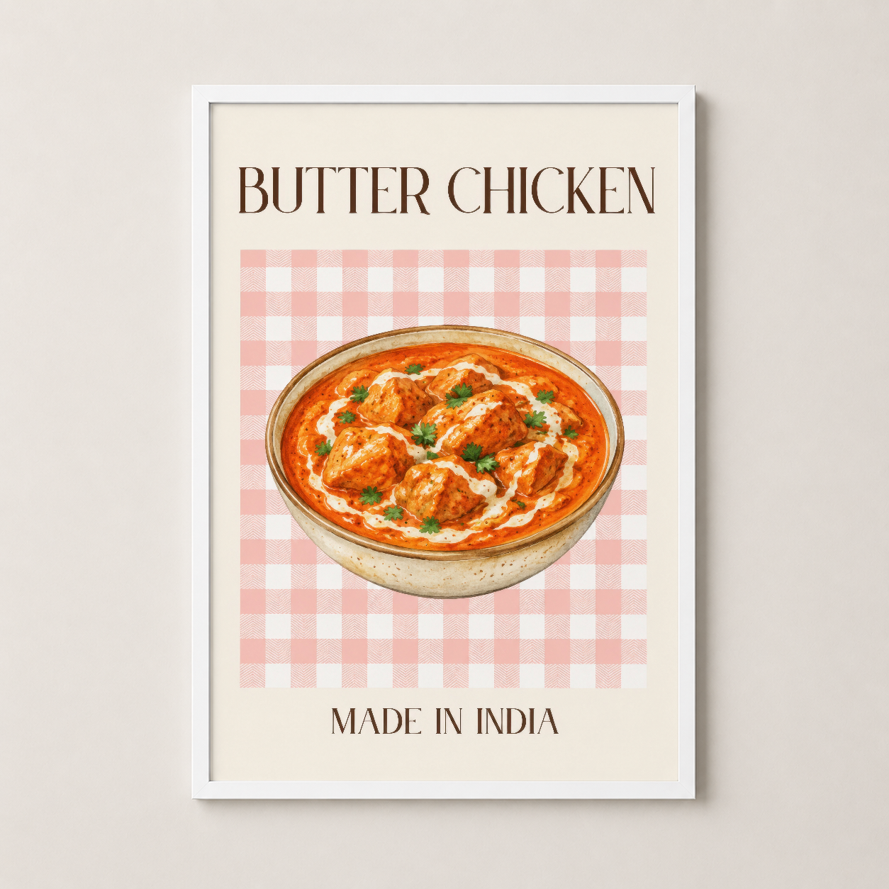 Beyaz çerçevede Butter Chicken tasarımı, rahat ve minimalist tarz mutfak dekorasyonu için ideal sanat eseri.