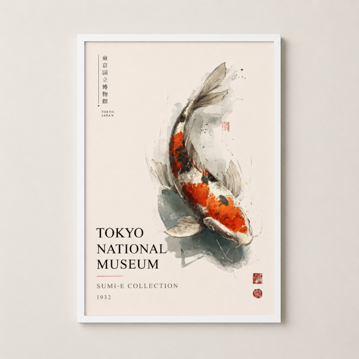 Beyaz çerçeveli Japon sanat posteri, oturma odasına zarafet katan estetik.