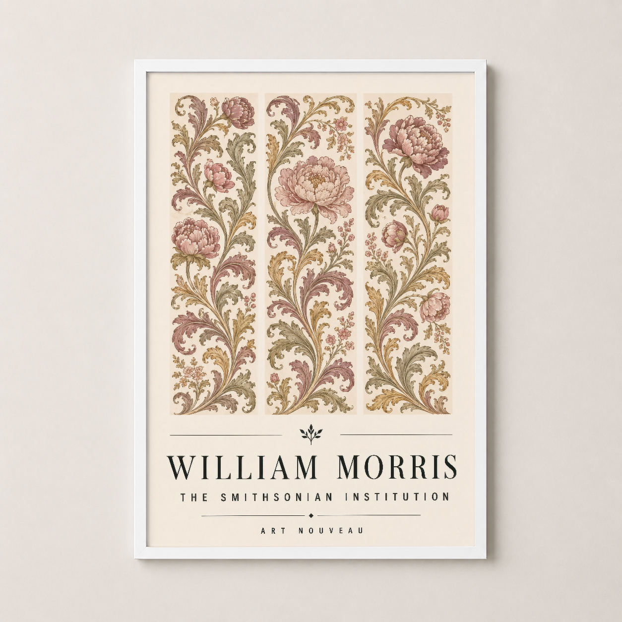 Beyaz çerçevede William Morris sanat tablosu, pembe çiçekler ve vintage botanik deseniyle şık bir duvar dekorasyonu.