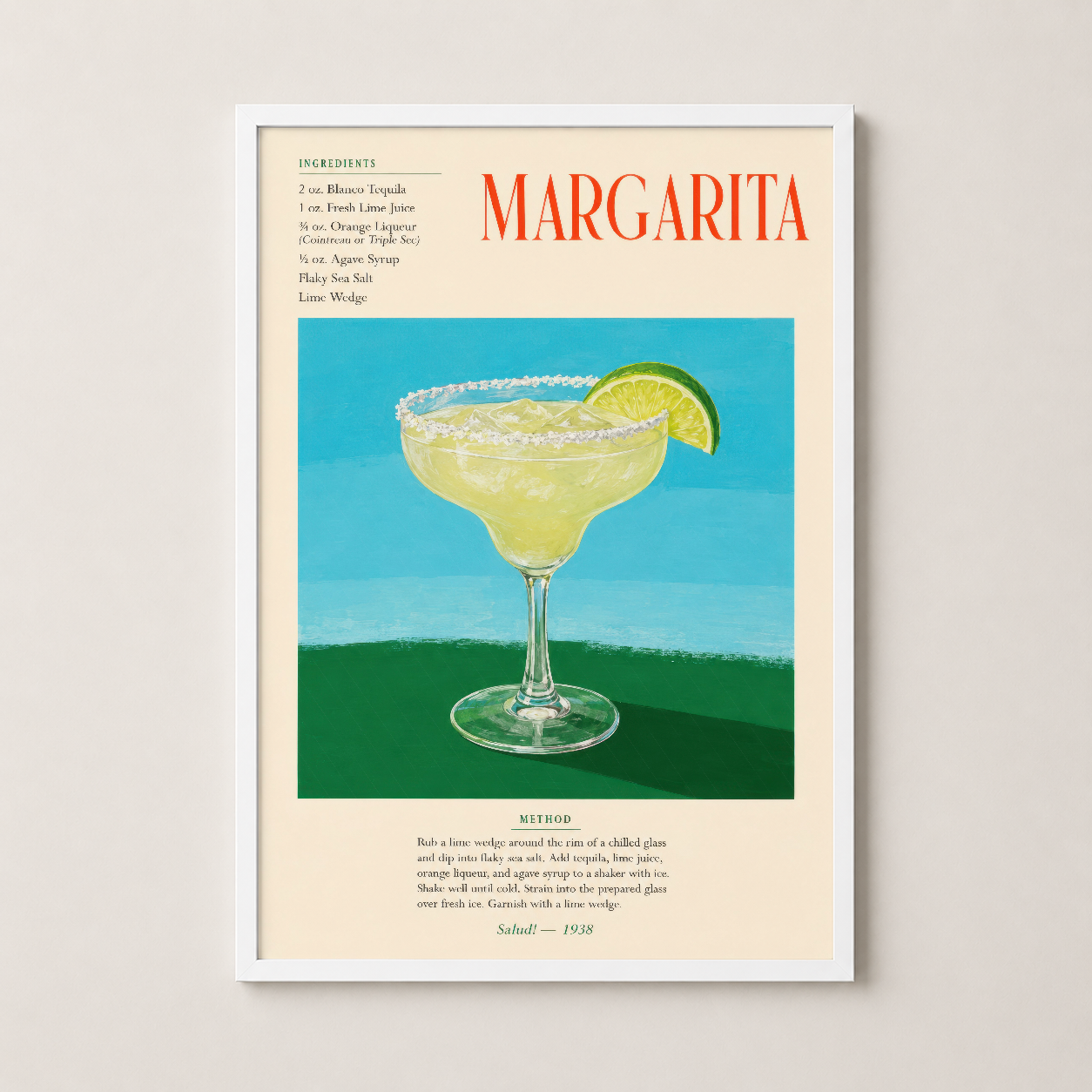 Beyaz çerçeveli margarita sanat baskısı, canlı mavi-yeşil renk paletli 1938 tarihli klasik resep.
