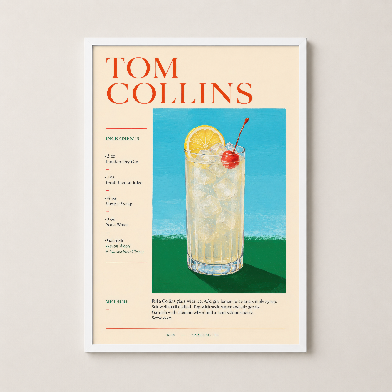 Tom Collins kokteyl posteri beyaz çerçevede, zarif vintage bartender duvar dekorasyonu.