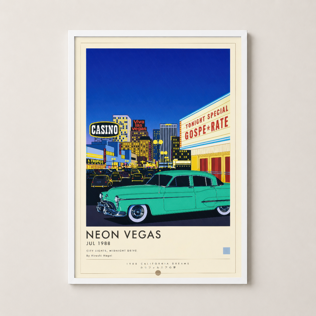 Beyaz çerçeveli retro Vegas posteri, 1950'ler klasik otomobil ve neon işaretleriyle nostaljik sanat.