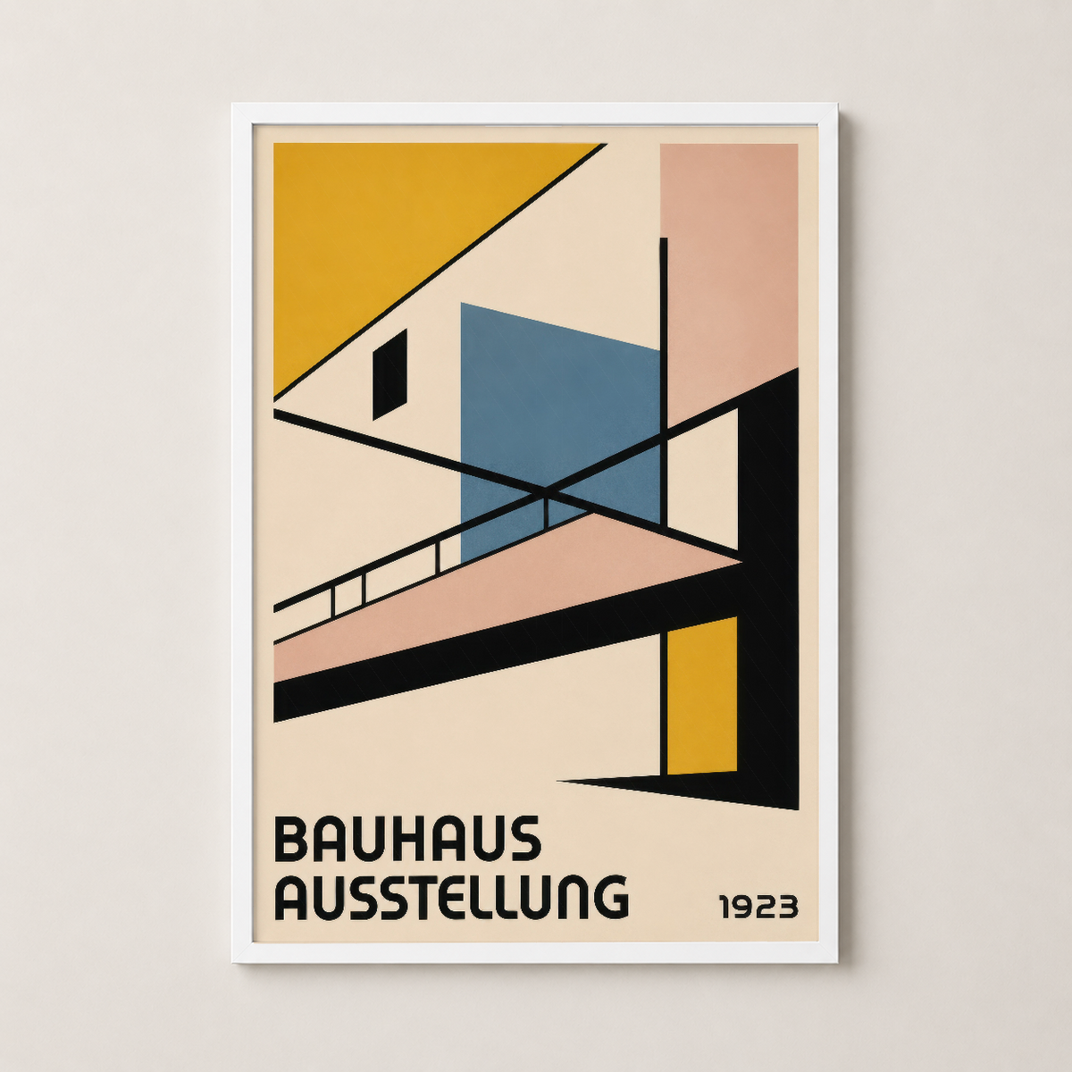 Beyaz çerçeveli Bauhaus Ausstellung sanat eseri, art deco stilinde mimari kompozisyon ve zarif tasarım.