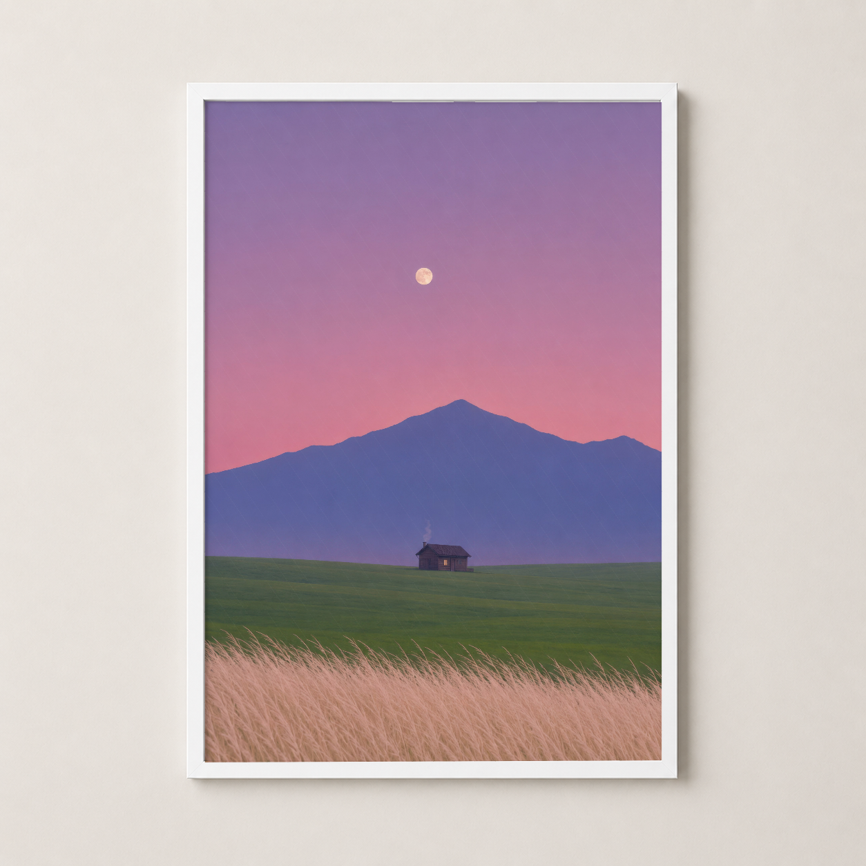 Beyaz çerçeveli minimalist manzara tablosu, pastel pembe-mor gökyüzü ve kırsal manzara sanatı.