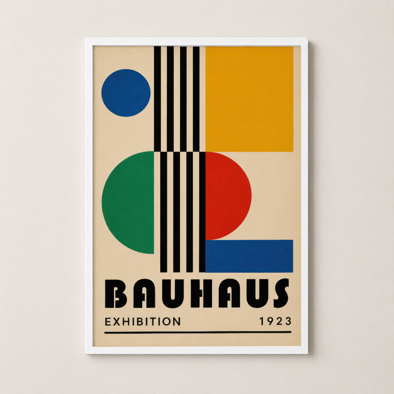 Beyaz çerçeveli Bauhaus sergi afişi, art deco tarzında geometrik desenleri içeren stilize sanat eseri.