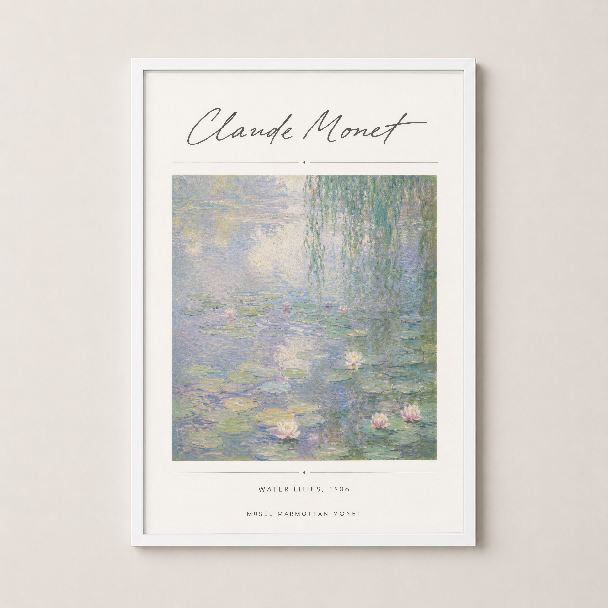 Monet Nilüfer Havuzu tablosu, beyaz çerçeveli haliyle minimalist ve clean estetik yaratıyor.