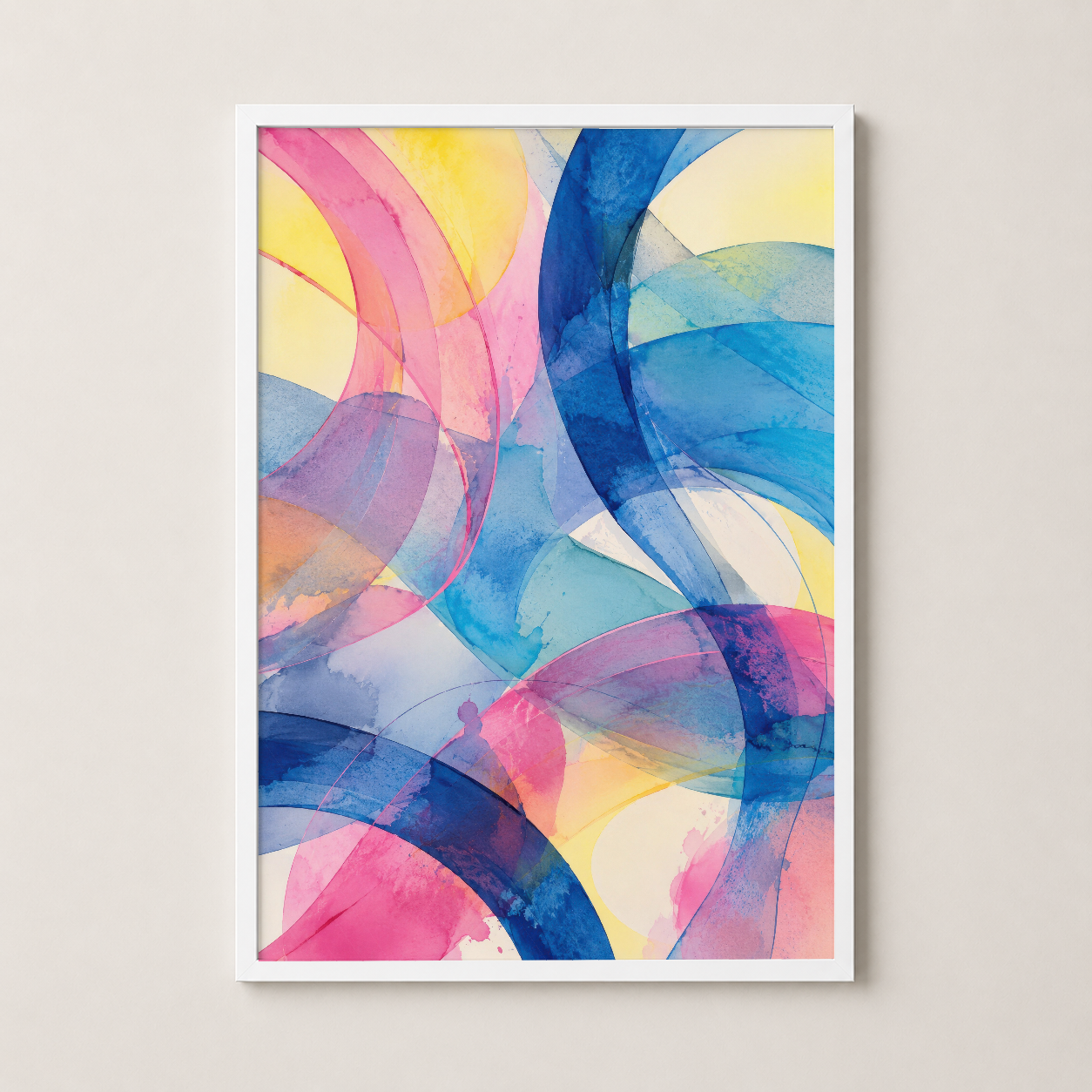 Beyaz çerçeveli sanat eseri, yumuşak pastel tonlarla tasarlanmış şeffaf dalgaların dekoratif poster baskısı.