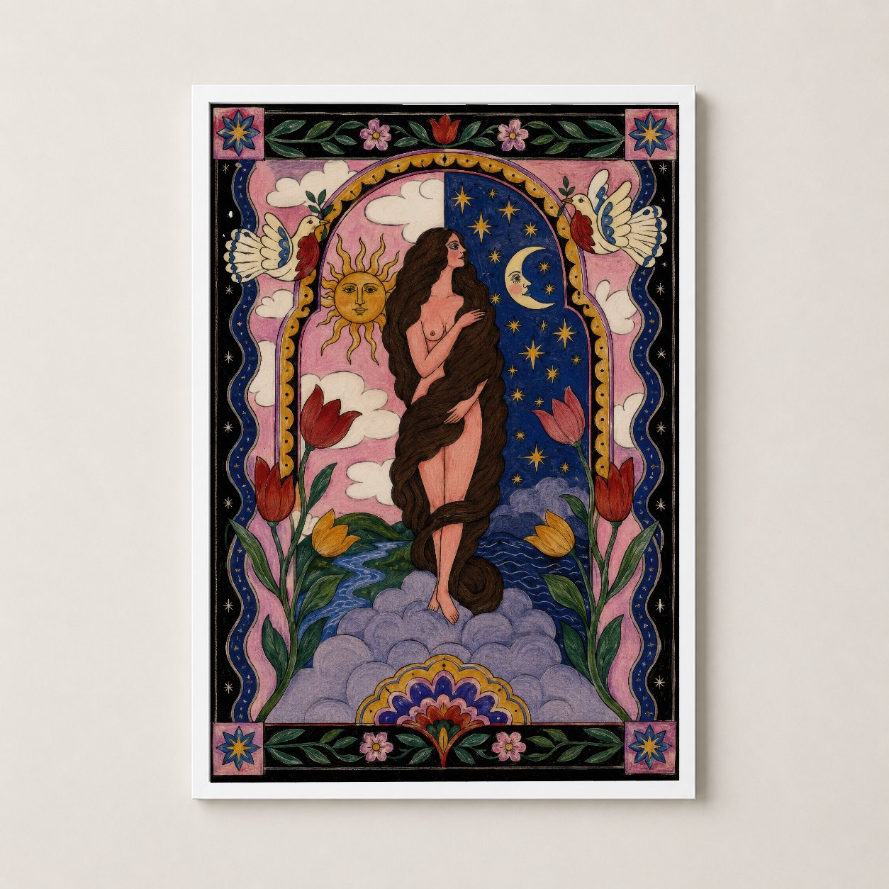 Beyaz çerçeveli mitolojik tema tablo, gökyüzü motifli decoratif sanat eseri.