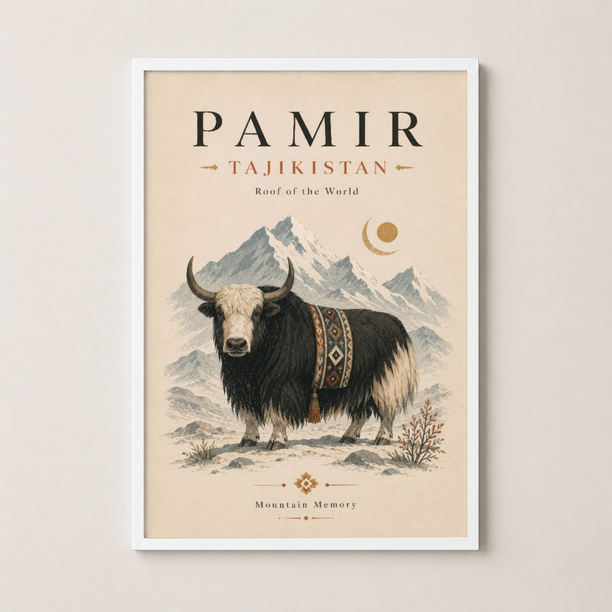 Pamir Tacikistan tablosu beyaz çerçevede, bozkır hayvanı ve dağ manzarası motifli şık poster.