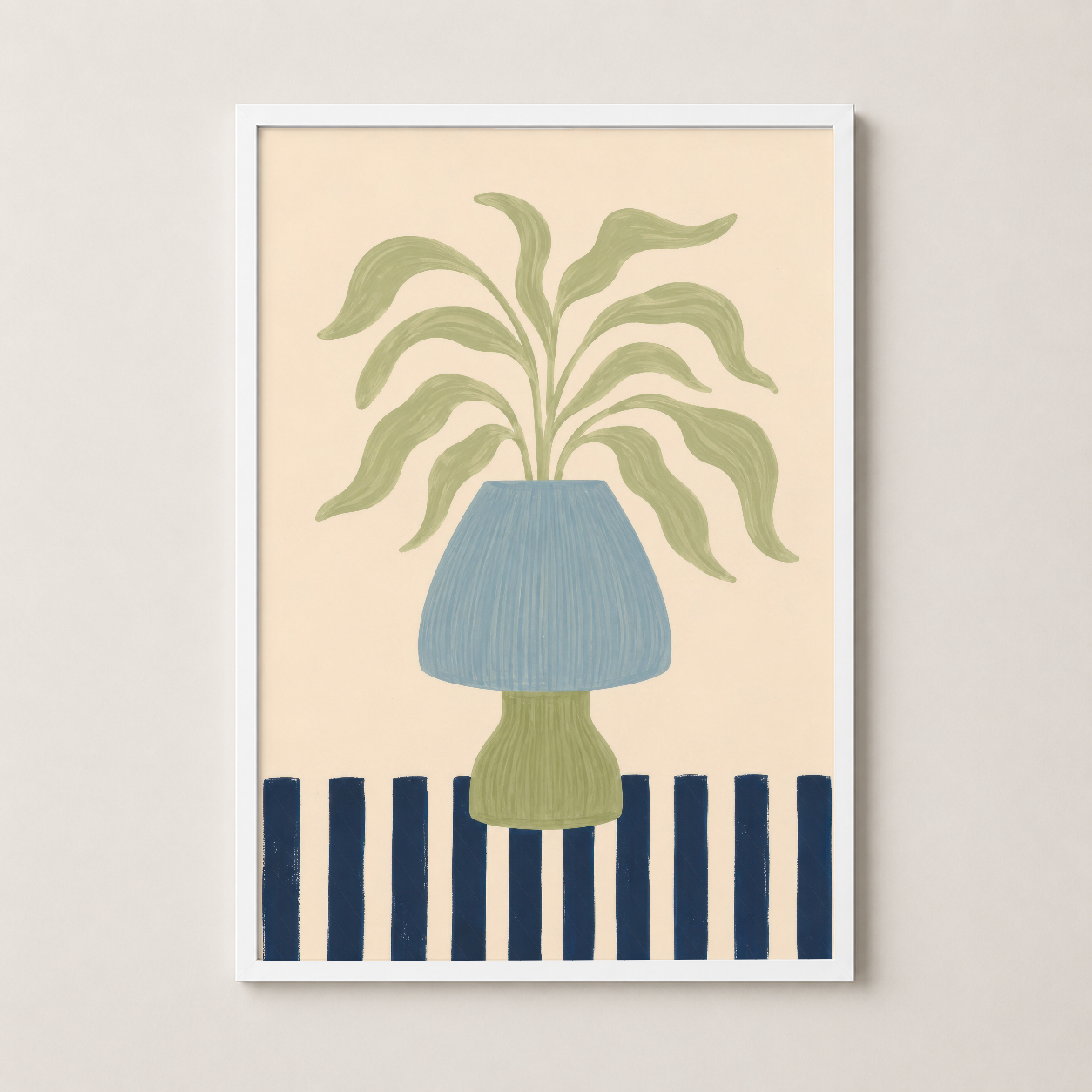 Beyaz çerçeveli poster, geometrik çizgiler ve botanik bitki sahnesiyle çağdaş stil.